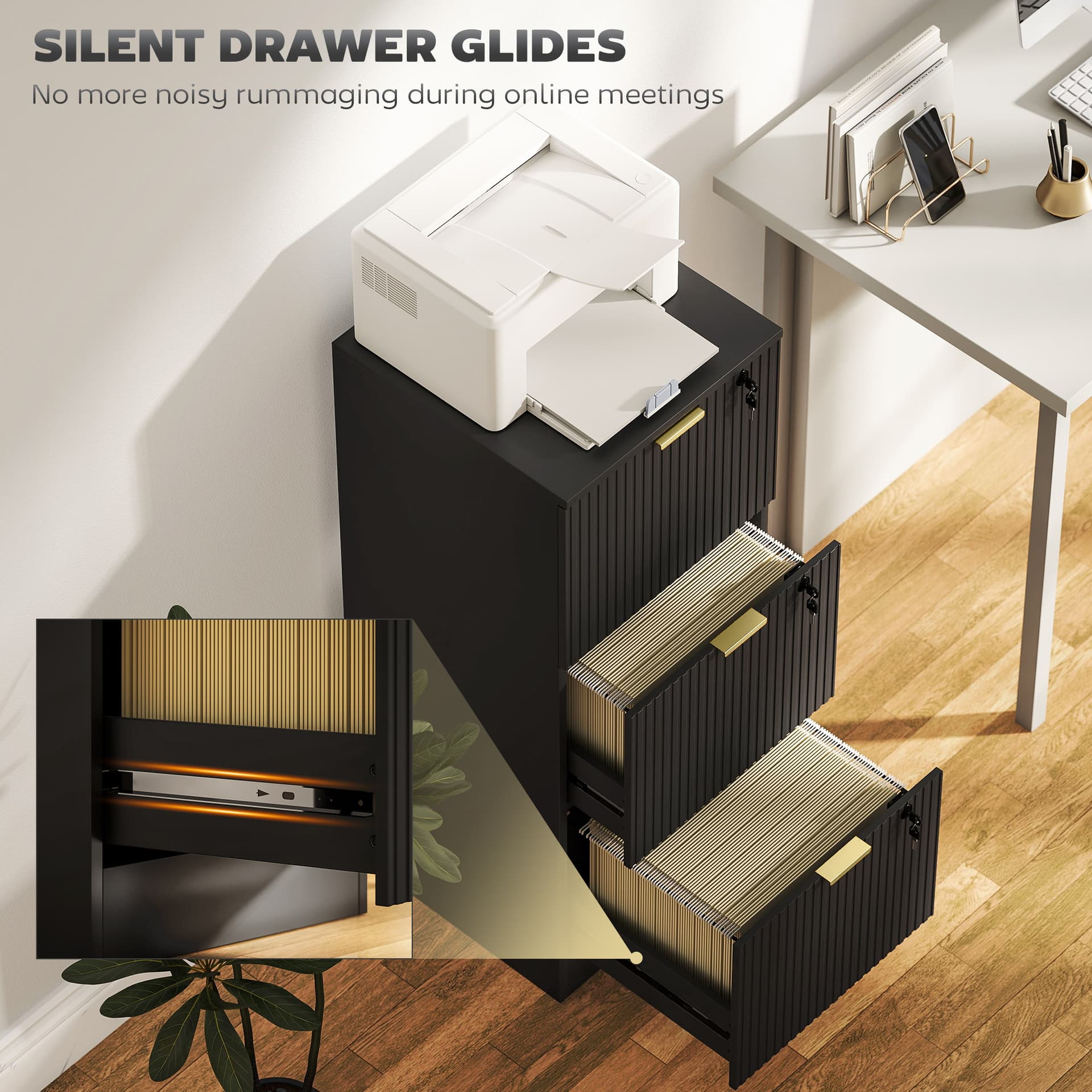 Lockable Filing Cabinet with 3 Fluted Drawers, File Cabinet with Adjustable Hanging Rails for A4 Letter Files, Black