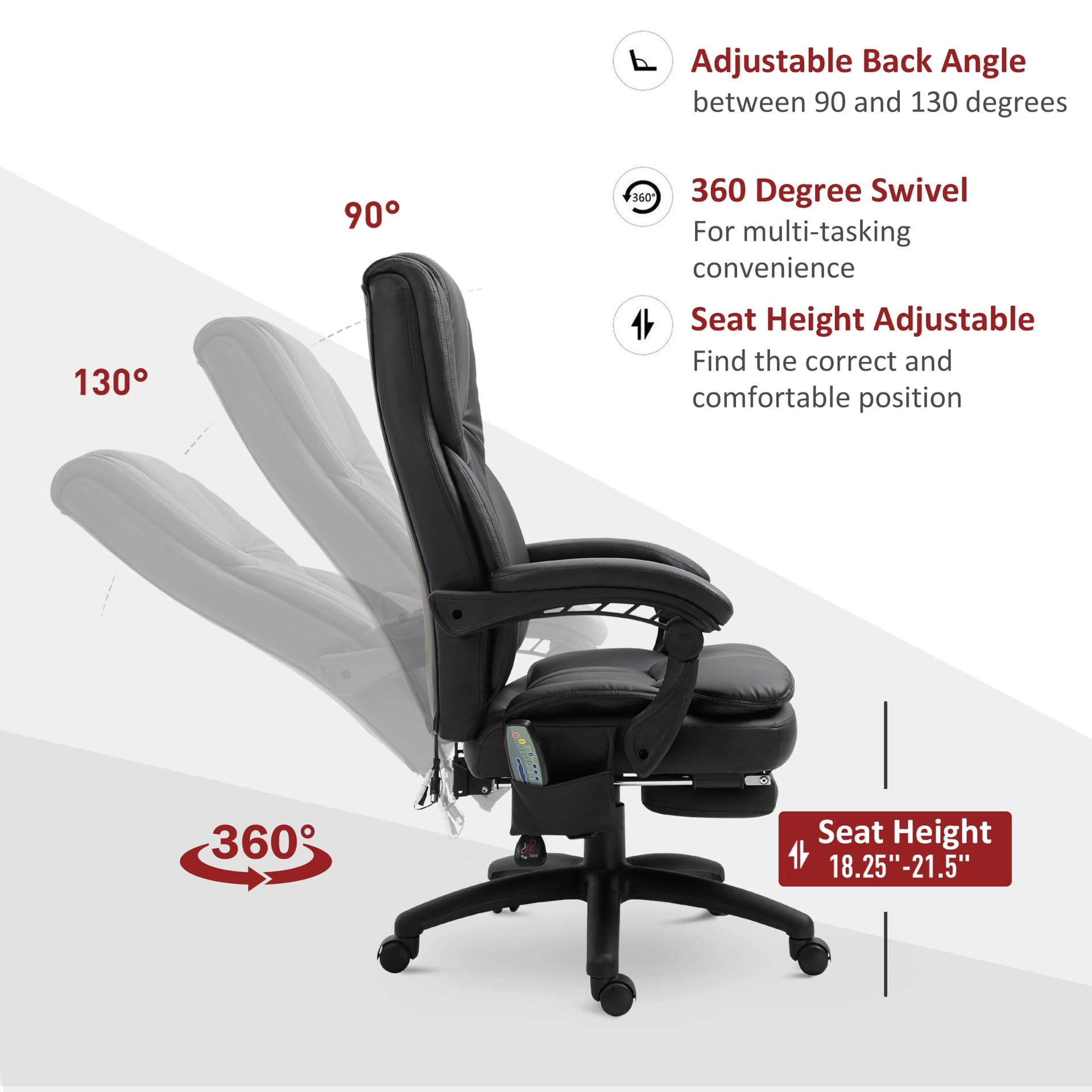 Office Chair High Back 6-Point Vibration Massage Reclining 360° Swivel Height Adjustable with Retractable Footrest