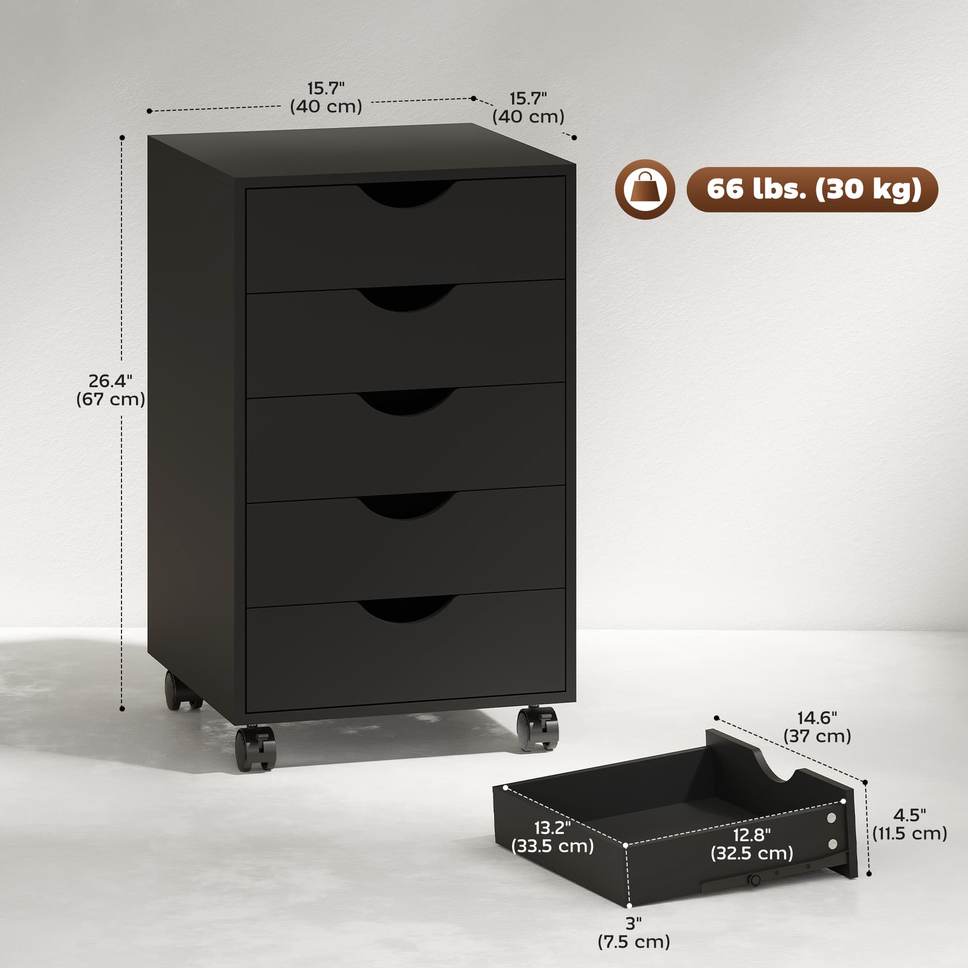 File Cabinet with 5 Drawer Wheels, 15.7" x 15.7" x 26.4", Black