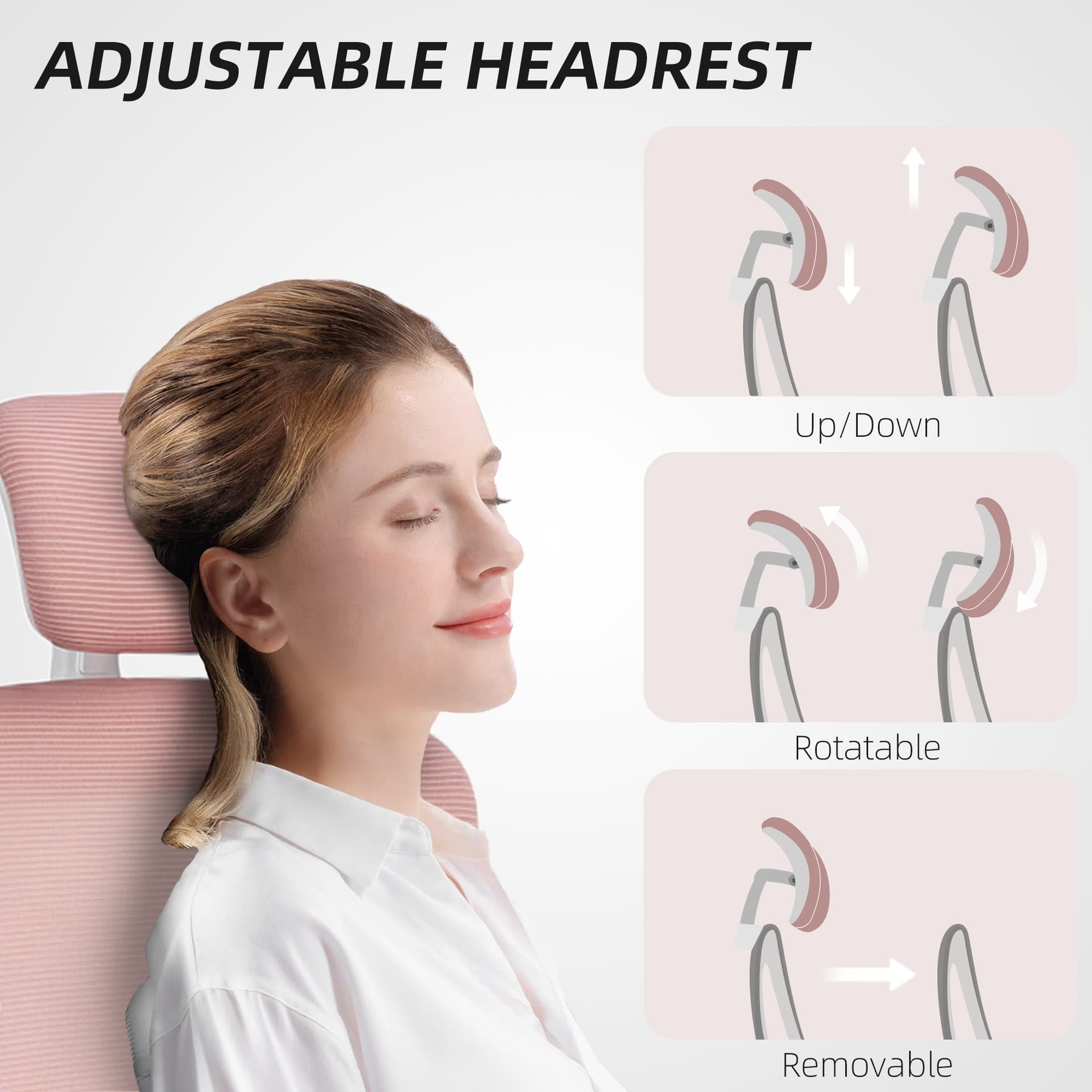 Ergonomic Mesh Office Chair, High Back Desk Chair with Rotatable Headrest, Flip-Up Armrests, Lumbar Support, Pink