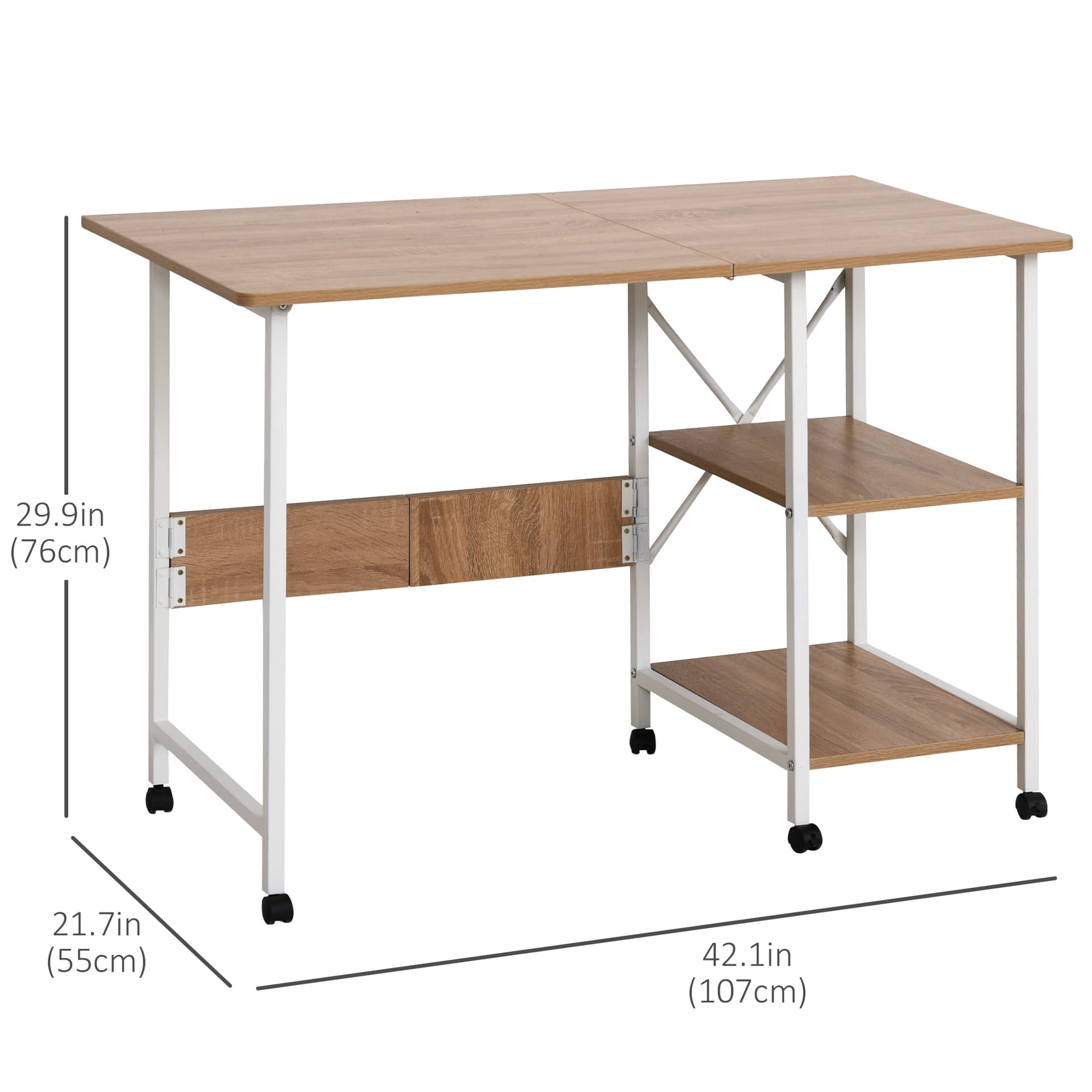 Folding Computer Desk with Storage Shelves, Study Writing Table Laptop Desk with 6 Wheels for Bedroom Home Office Workstation, Natural