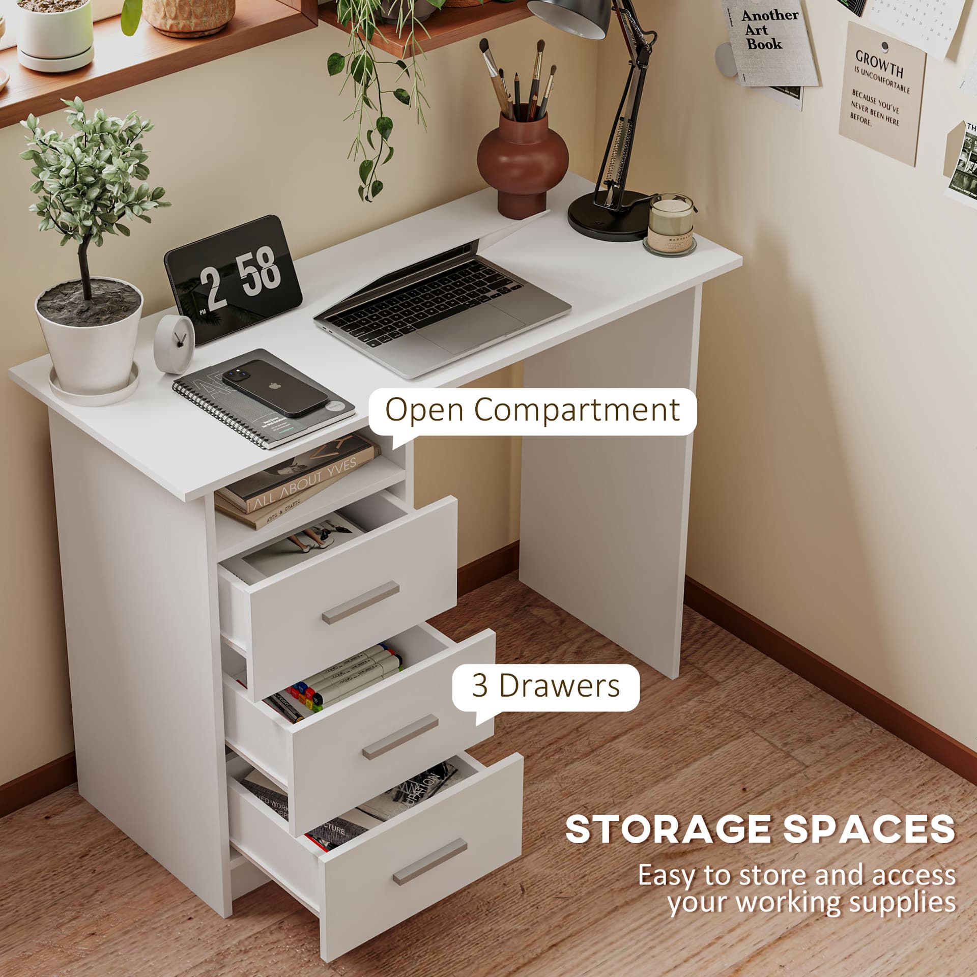 Computer Desk with Storage, 39" Home Office Desk with 3 Drawers nad Open Shelf, Writing Table for Bedroom, White