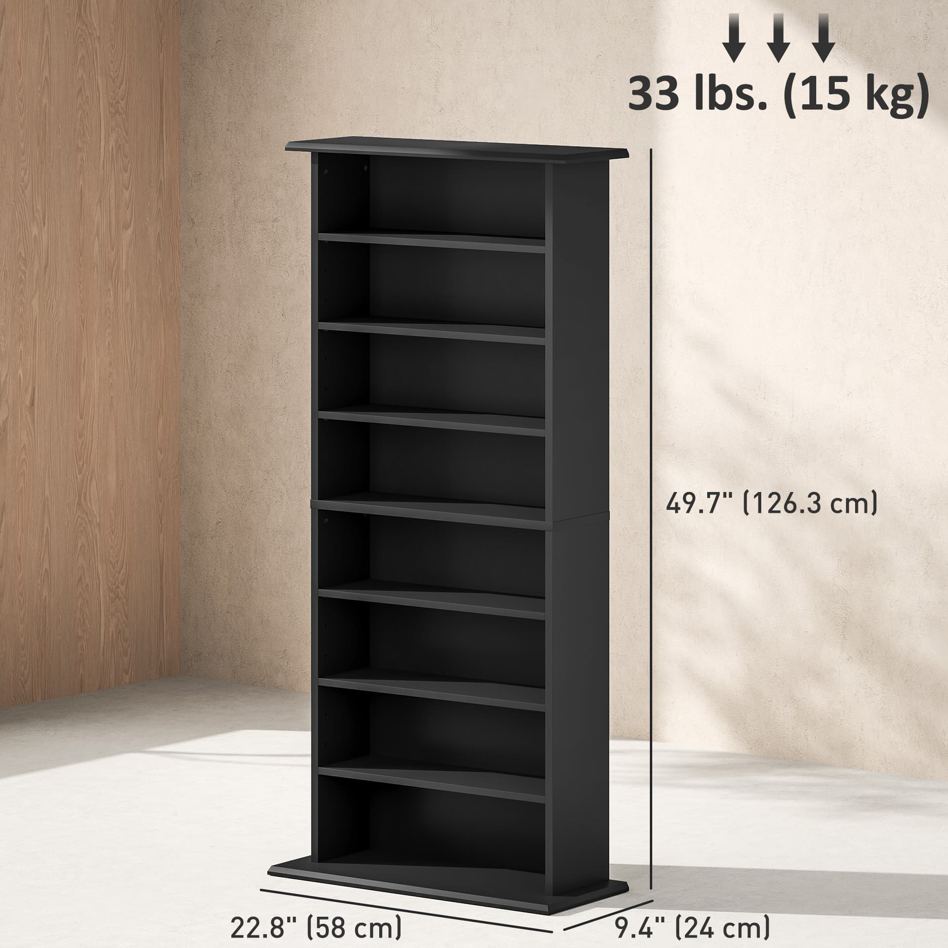 8-Tier DVD Shelf with 6 Adjustable Shelves, Slim CD Shelf, Holds 360 CDs, 185 DVDs or 185 Blu-rays, Black