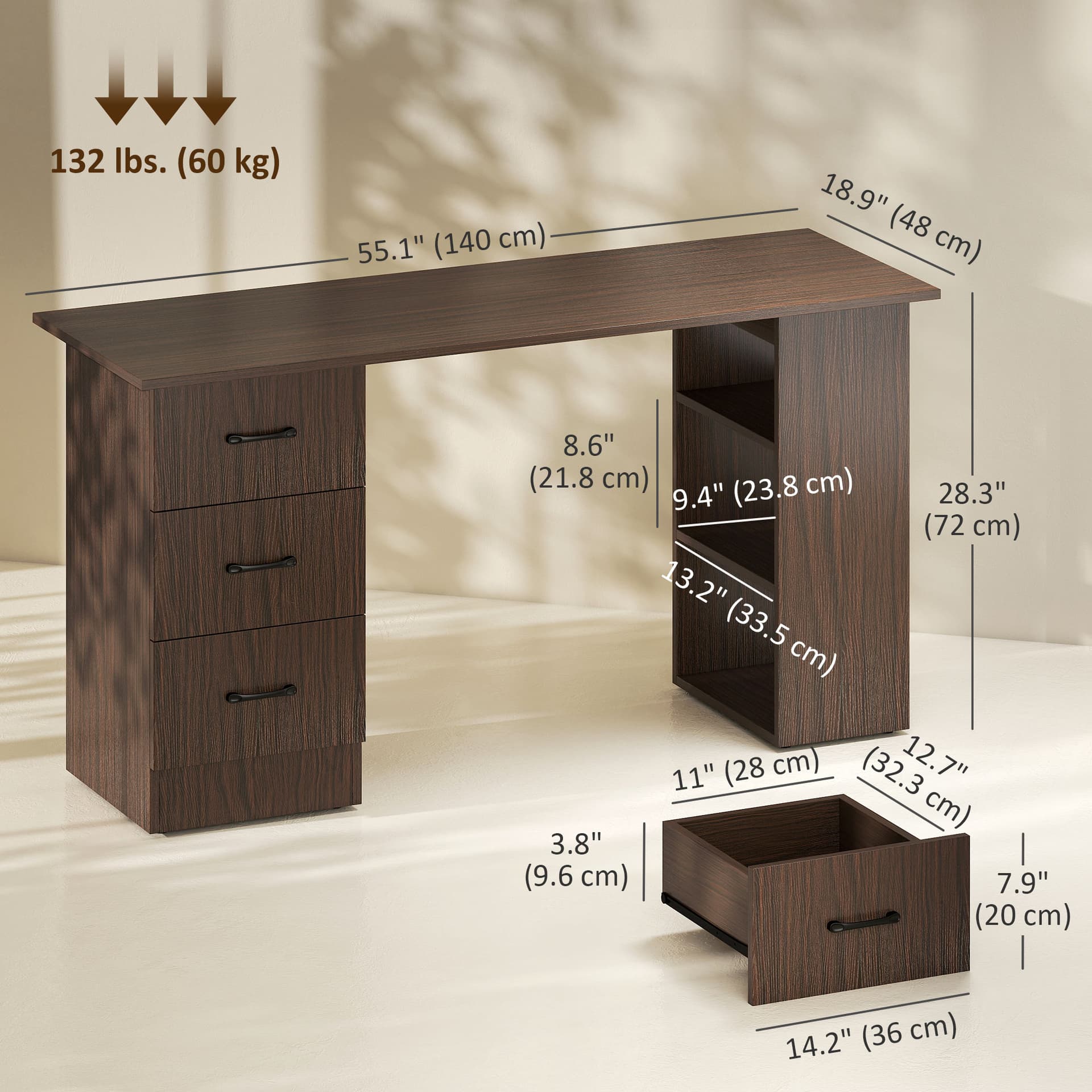 Computer Desk, 55" Writing Table with 3-Tier Shelves and 3 Reversible Drawers for Home Office, Bedroom, Walnut