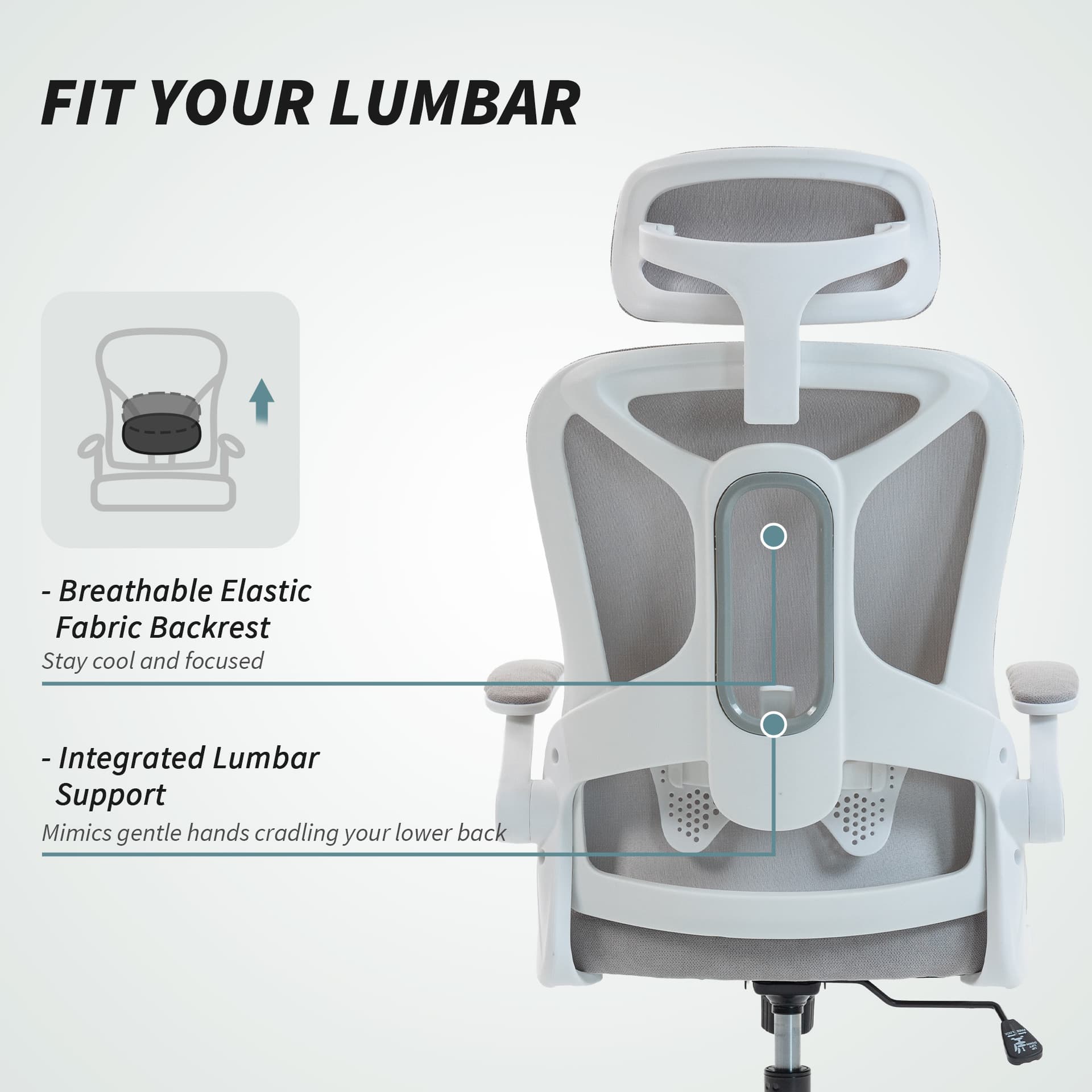Ergonomic Office Chair, Swivel Desk Chair with Lumbar Support and Adjustable Height, Flip-up Armrests, Wheels, Black