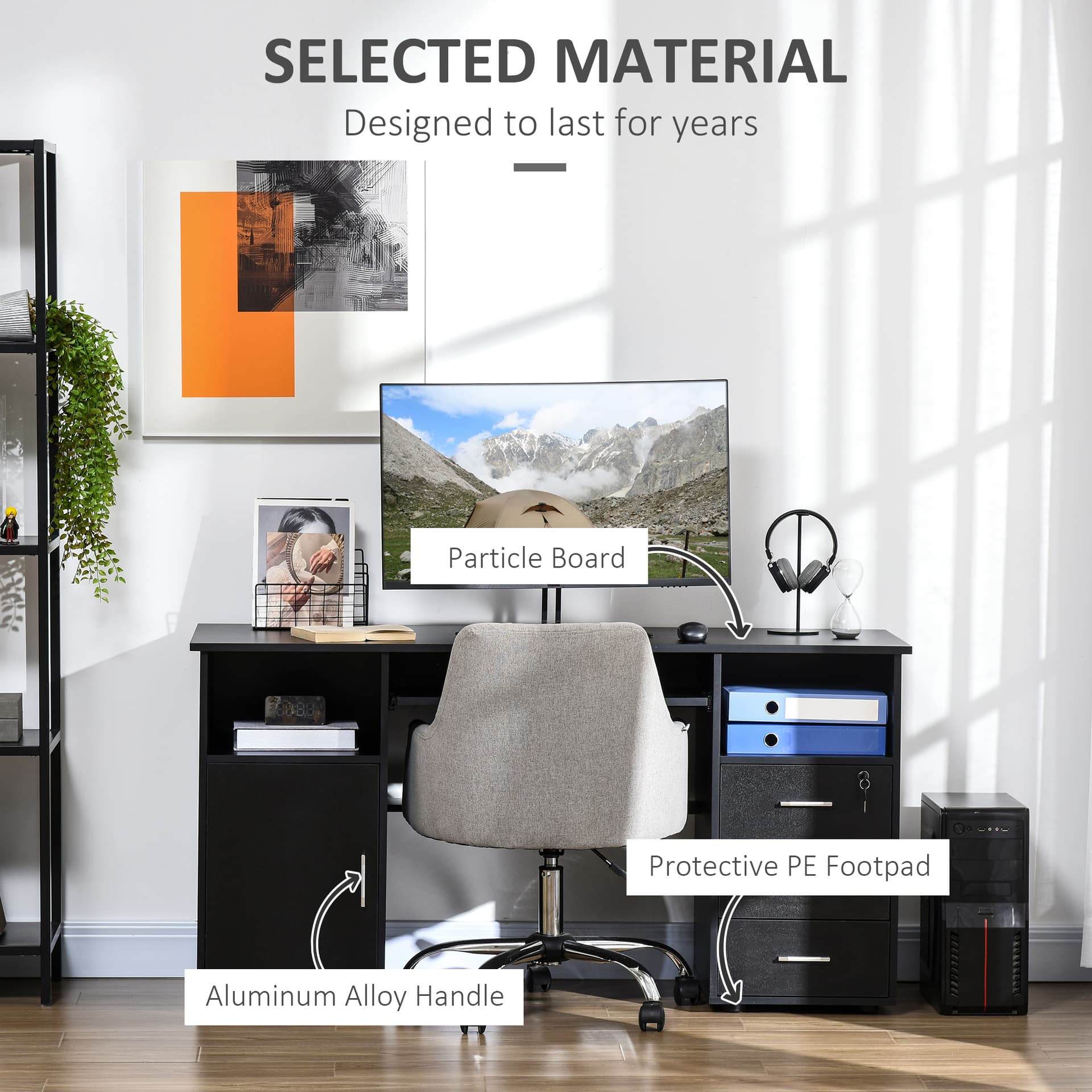 57" Computer Desk with Drawers, Home Office Desk with Keyboard Tray, Open Shelves and Lockable Drawer, Writing Workstation for Study, Black