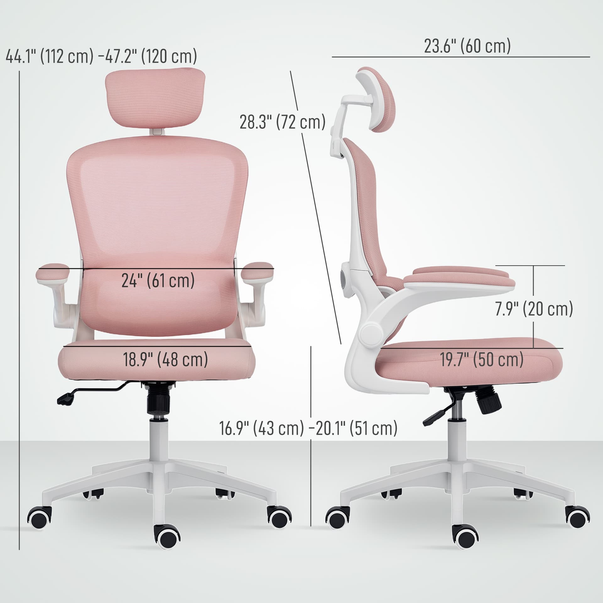 Ergonomic Mesh Office Chair, High Back Desk Chair with Rotatable Headrest, Flip-Up Armrests, Lumbar Support, Pink