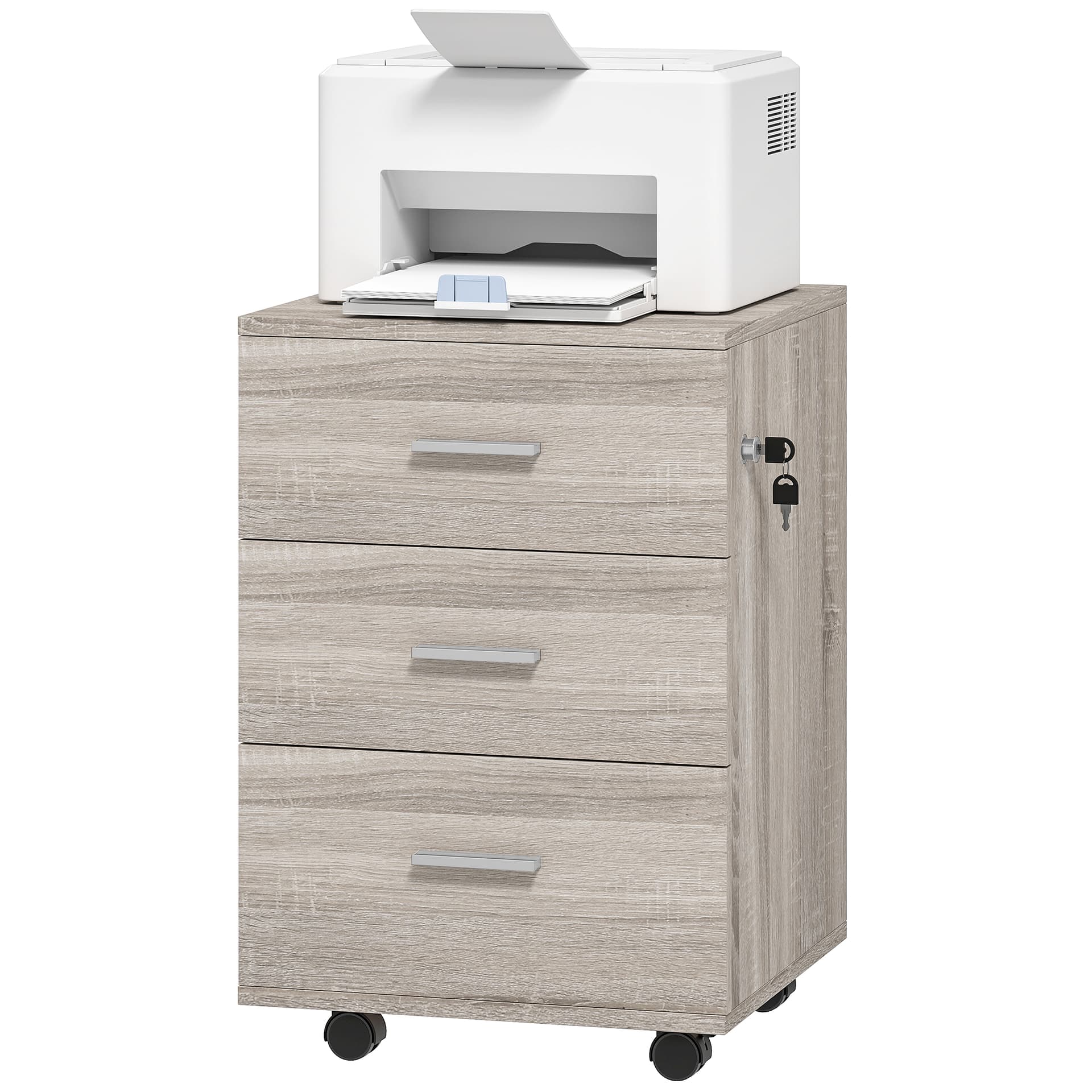 Mobile Filing Cabinet with Wheels, 3 Drawer File Cabinet with Lock and Keys for Home Office, Grey Wood Grain - Filing Cabinets - Office Furniture