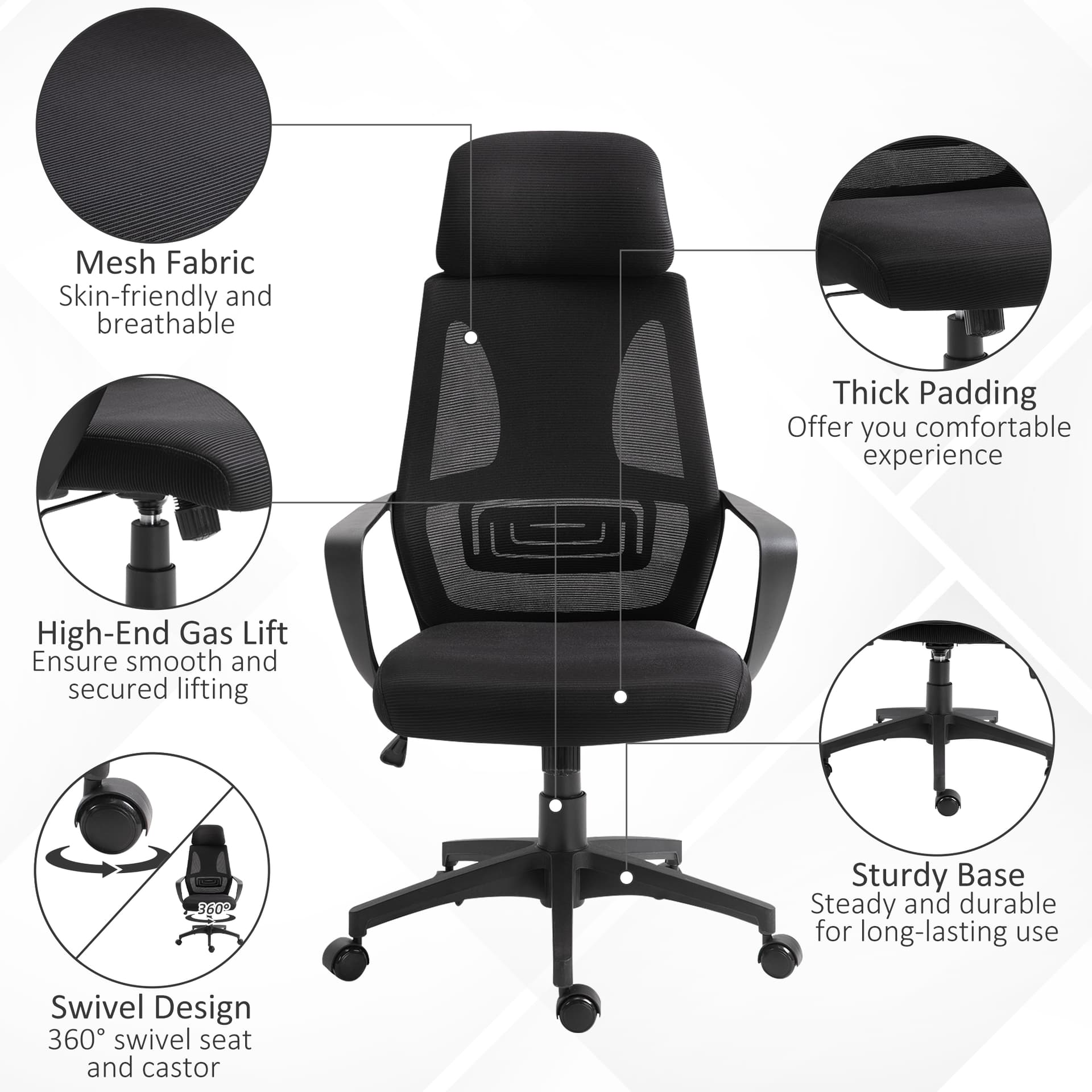 Ergonomic Office Chair with Up&Down Headrest with Adjustable Tilt Angle, Height Adjustable Swivel Seat, Lumbar Support, Black