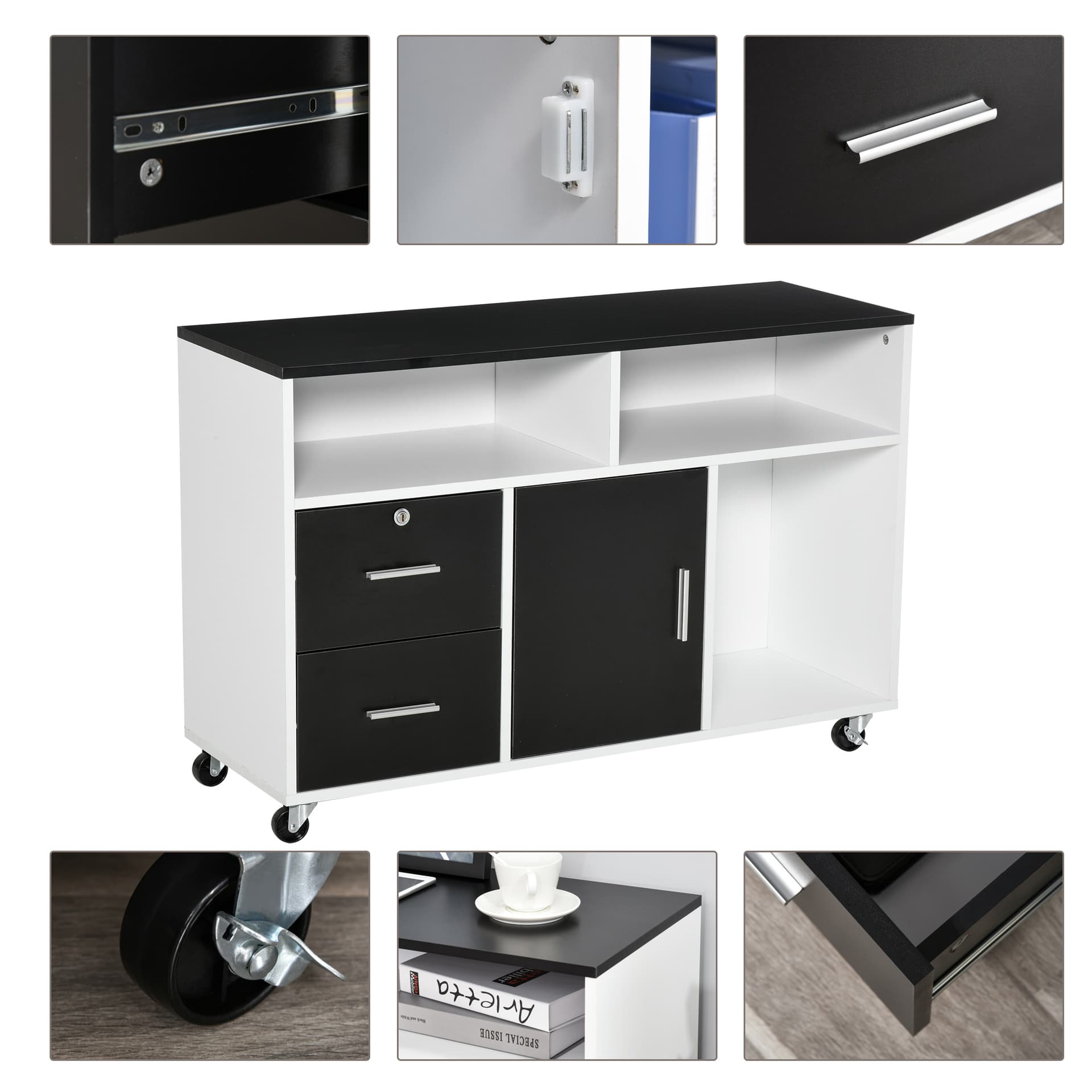 Lateral Filing Cabinet, Printer Stand Home Office Mobile File Cabinet with Wheels, Lockable Drawer, Black
