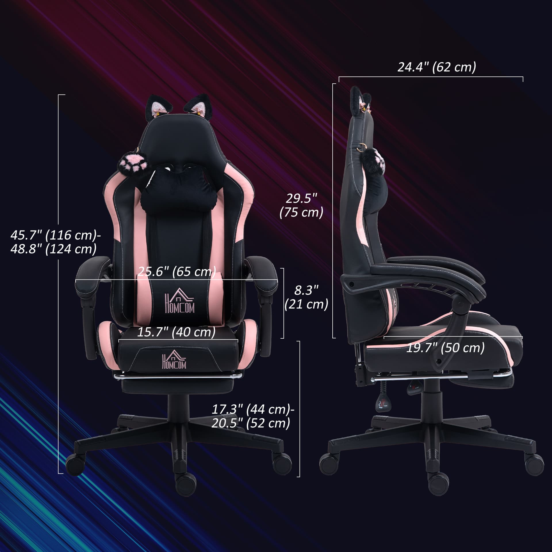 Cute Racing Gamer Chair, Faux Leather Gaming Chair with Footrest, Headrest and Lumbar Support, Black