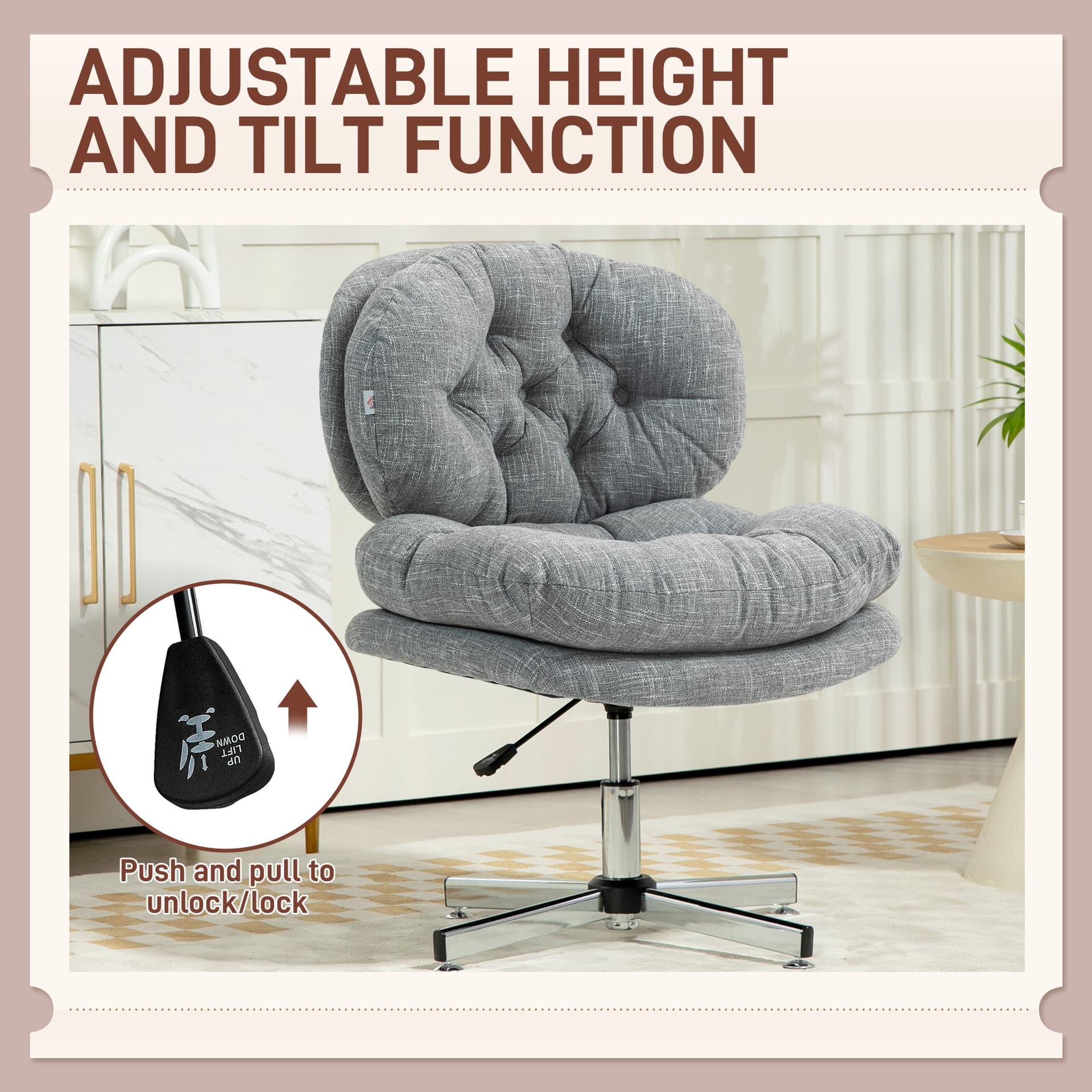 Computer Desk Chair, Armless Office Chair with Wide Padded Seat and Adjustable Height, Grey