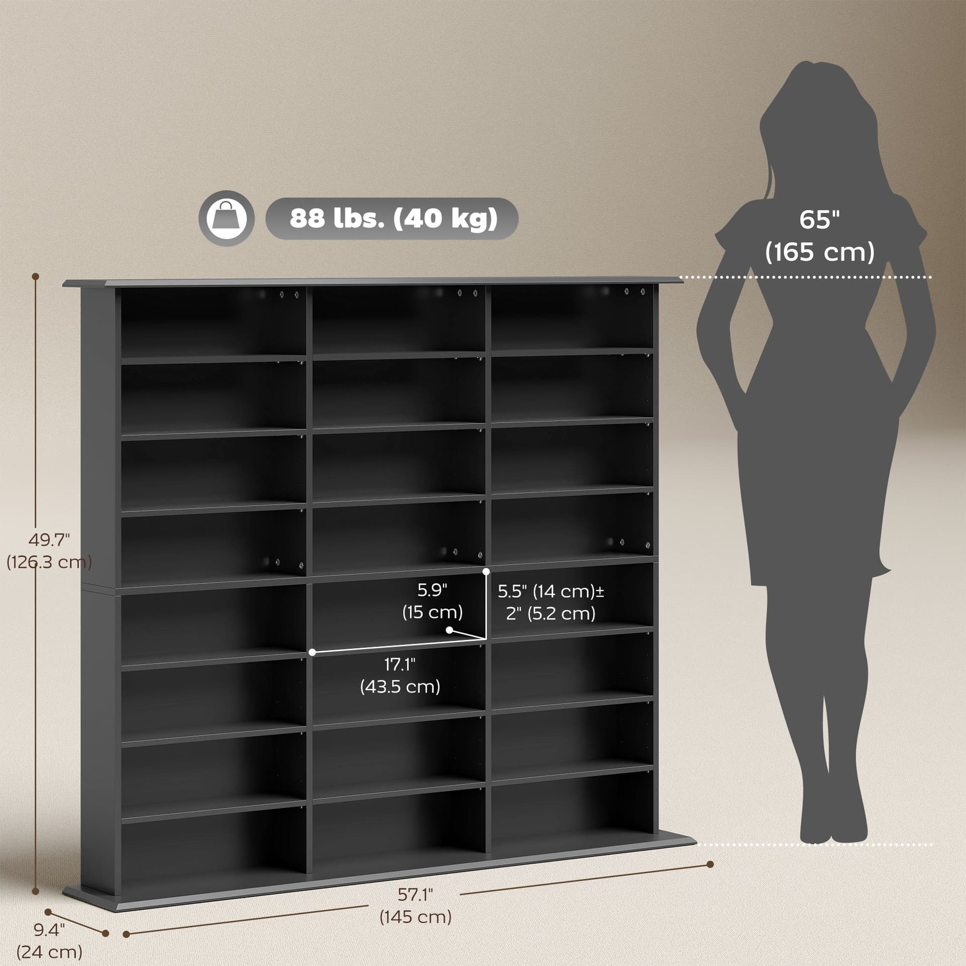 Media Storage Cabinet, 8-Tier DVD Shelf with 18 Adjustable Shelves, Holds 1032 CDs, 594 DVDs or Blu-rays, Black