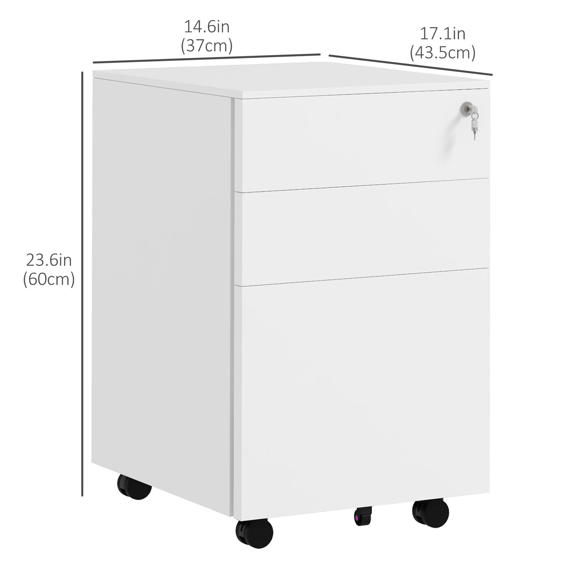 Vertical Steel Filing Cabinet on Wheels, 3-Drawer Lockable File Cabinet with Adjustable Hanging Bar for A4, Legal and Letter Size, for Home Office, White