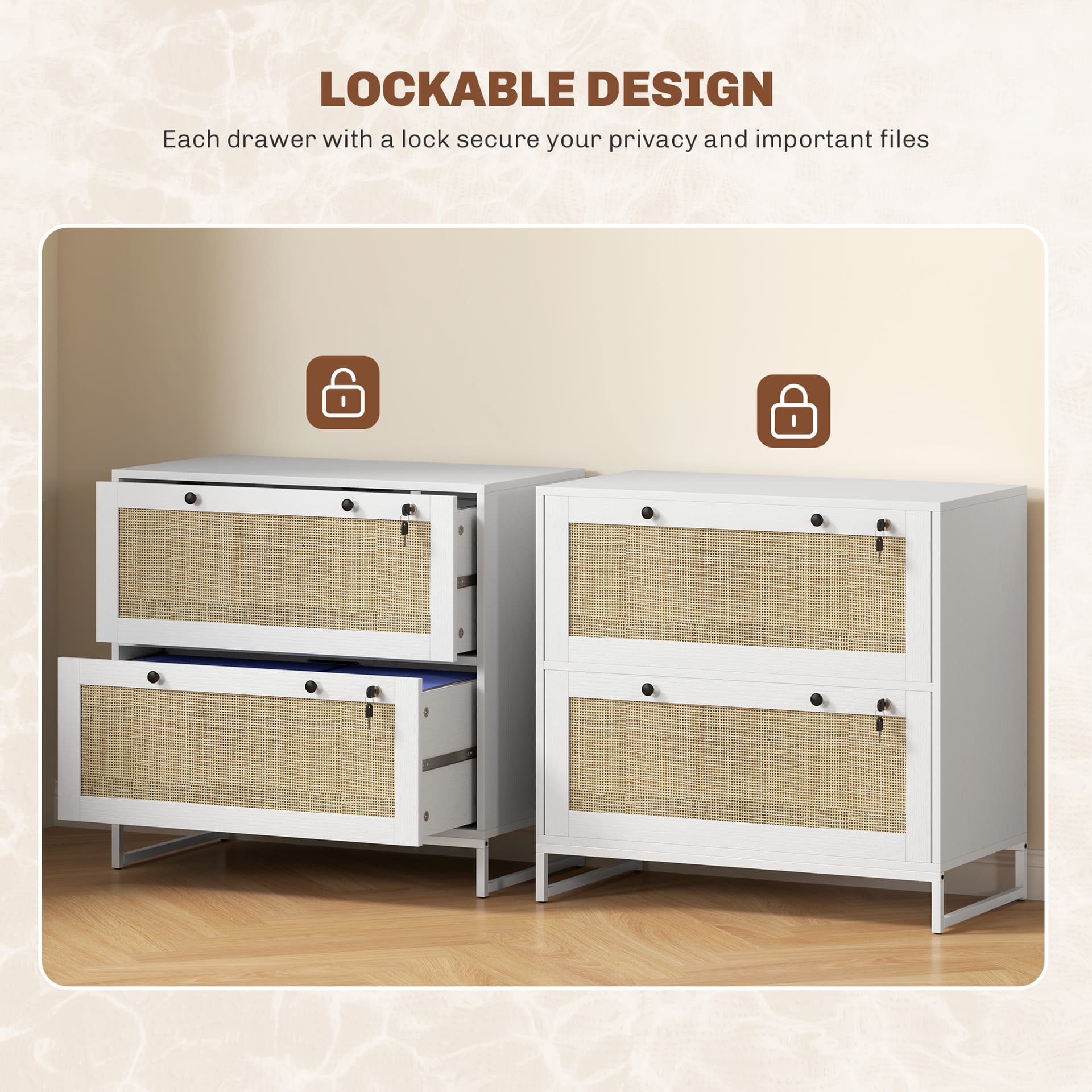 2-Drawer Filing Cabinet with Lock, Rattan File Cabinet with Adjustable Hanging Bar, White