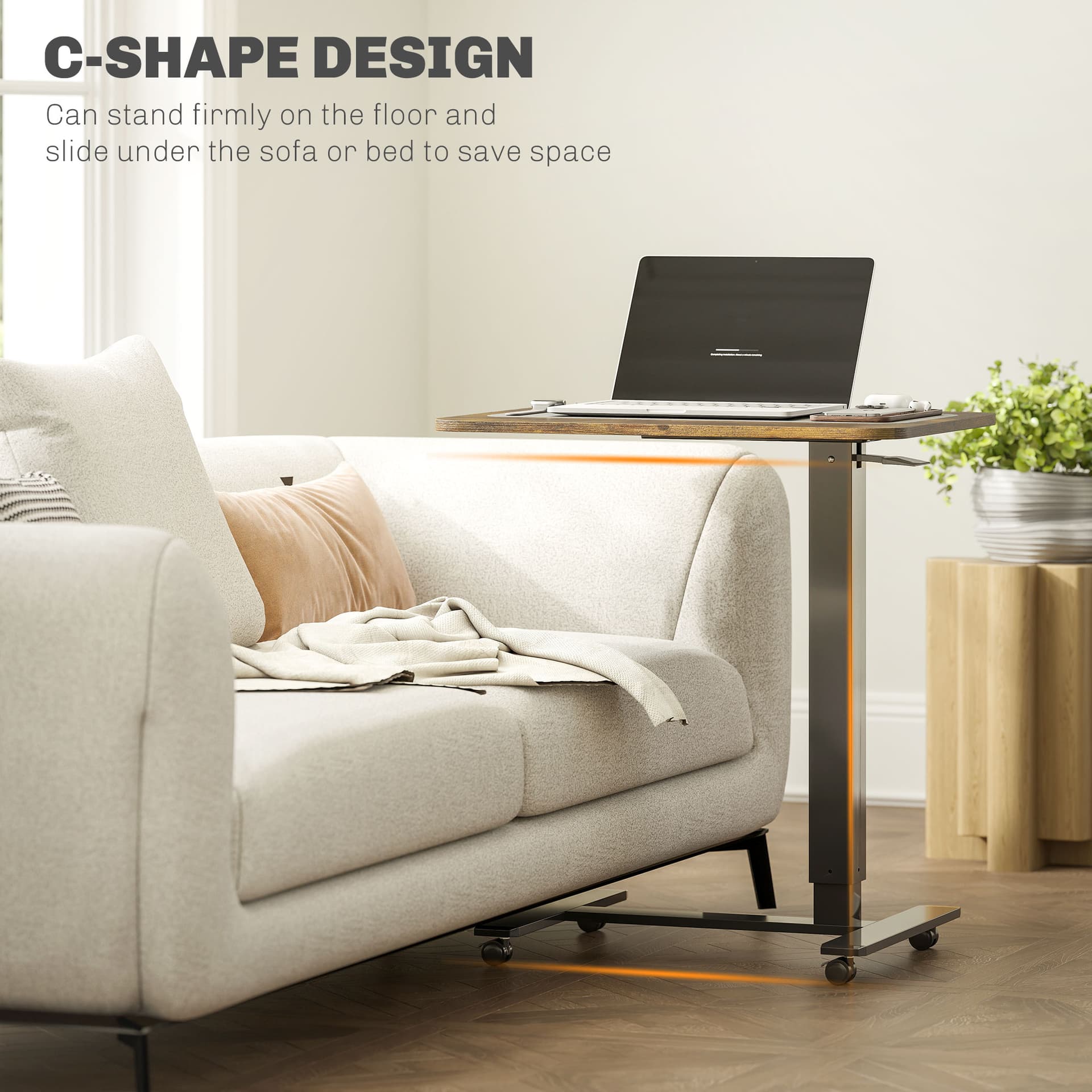 Pneumatic Standing Desk Adjustable Height, Mobile Stand Up Desk with Wheels, 43 Inch Rolling Table, Rustic Brown