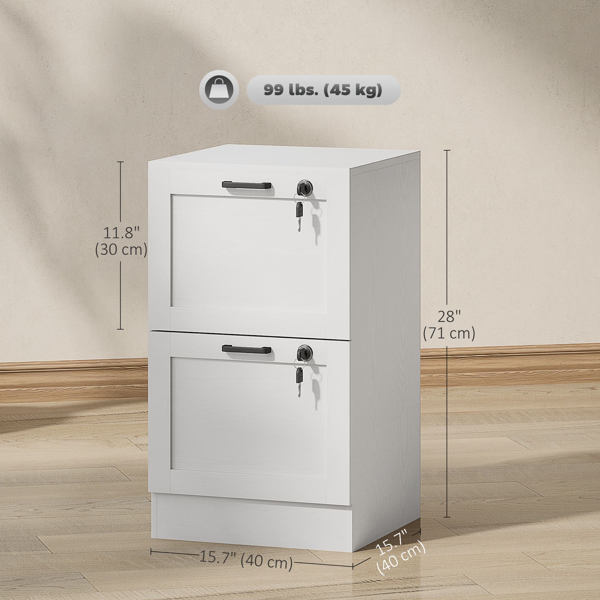 Vertical Filing Cabinet with 2 Drawers, Lock, File Cabinet for Home Office, A4 and Letter Size Files, White