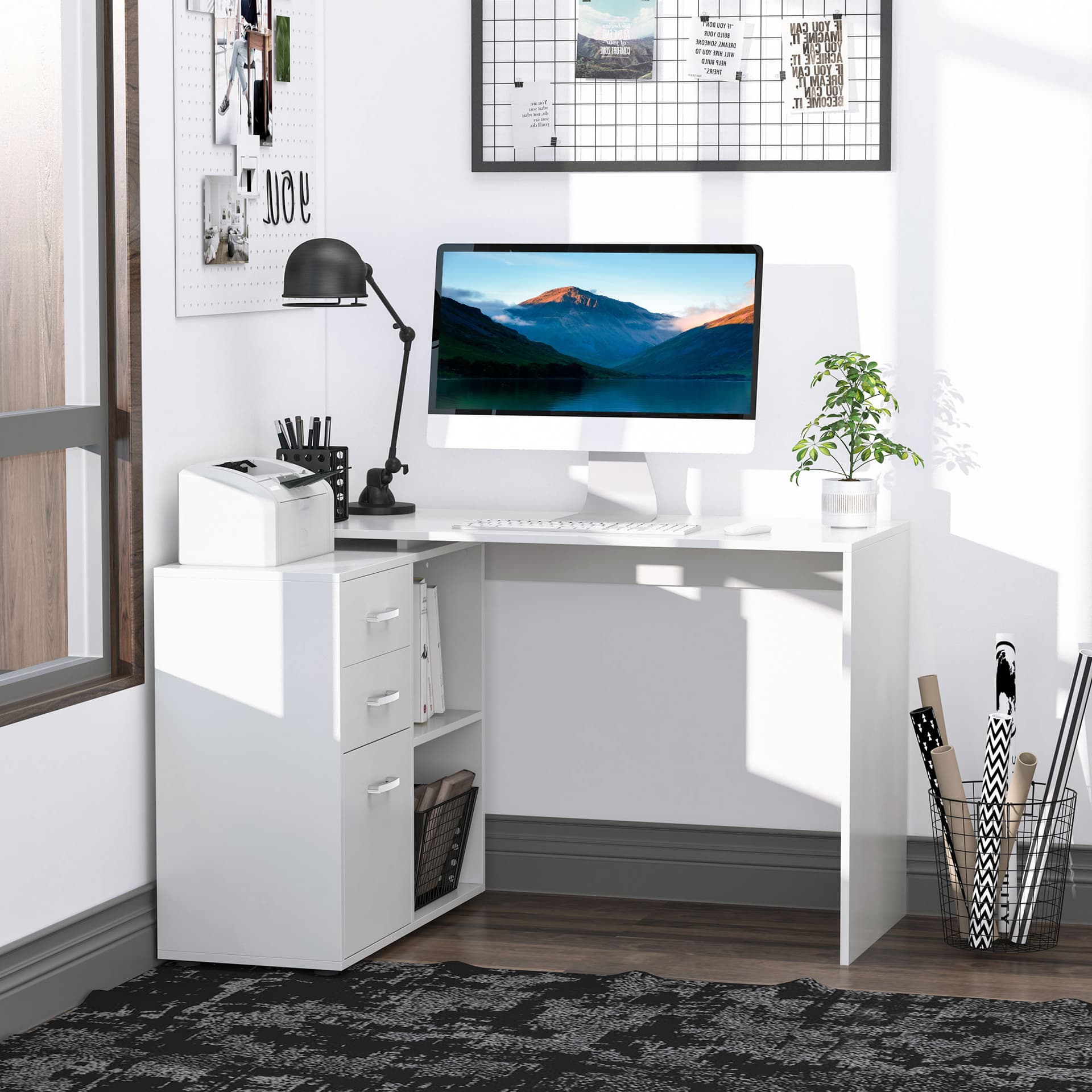 L-Shaped Desk, Computer Corner Desk with Storage Shelf, Drawer, PC Table Home Office Workstation, White