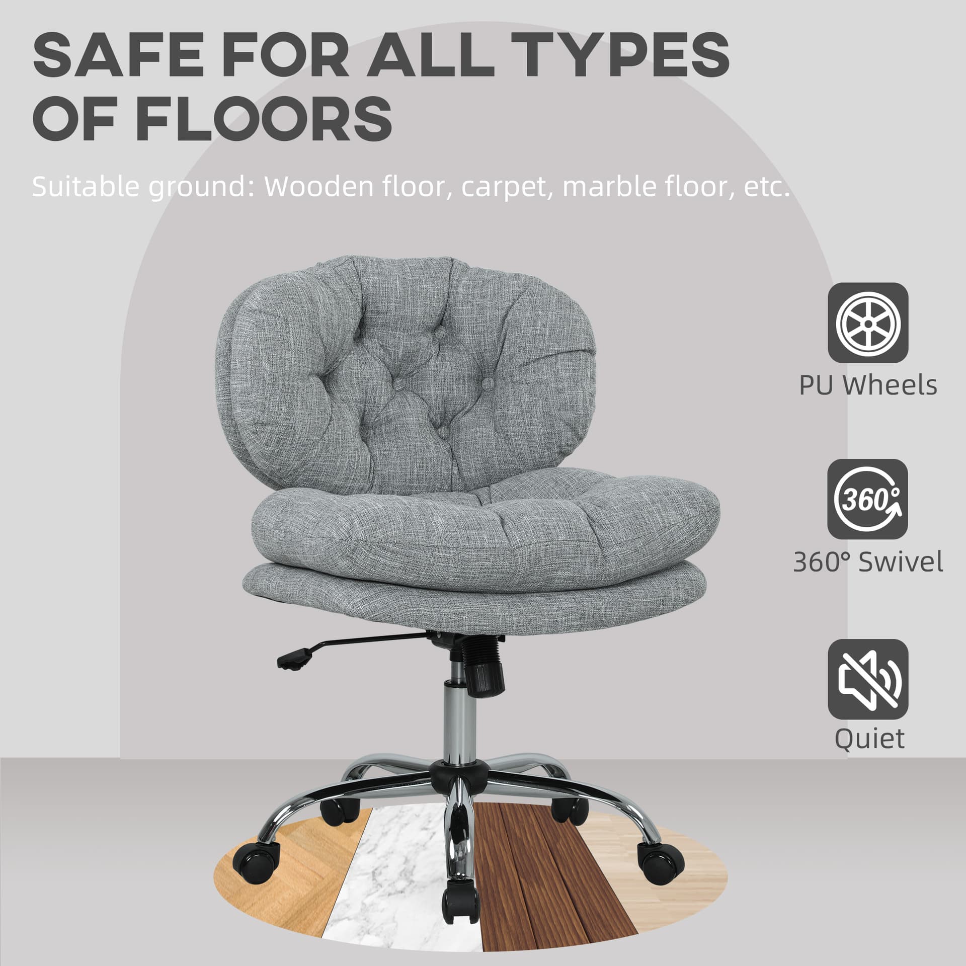 Computer Desk Chair, Armless Office Chair with Wide Padded Seat and Adjustable Height, Tilt Function, Grey