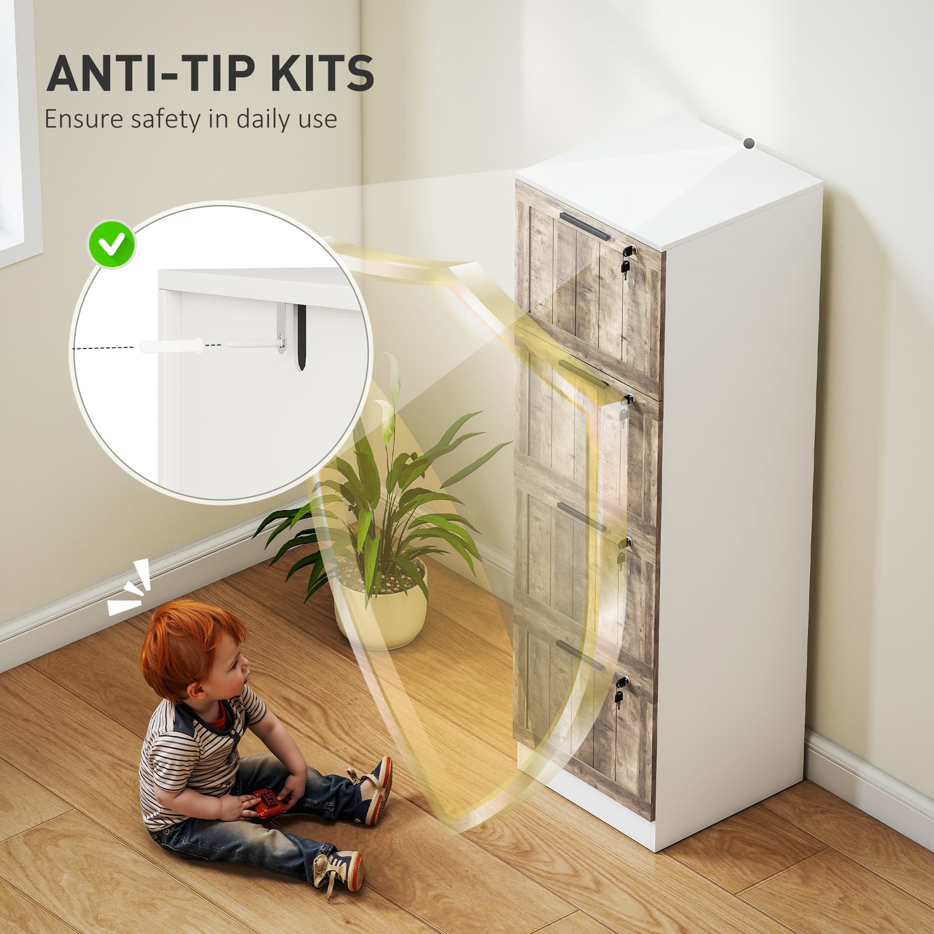 4 Drawer Filing Cabinet, Farmhouse File Cabinet with Lock, Adjustable Hanging Rails for A4 Letter Size Files, White