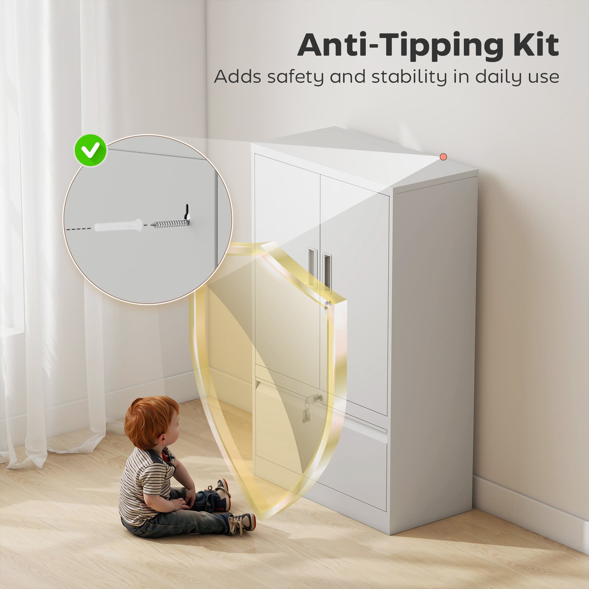 Lateral Filing Cabinet, Metal Storage Cabinet, Garage Cabinet with Double Locks, Adjustable Shelf and File Drawer, White