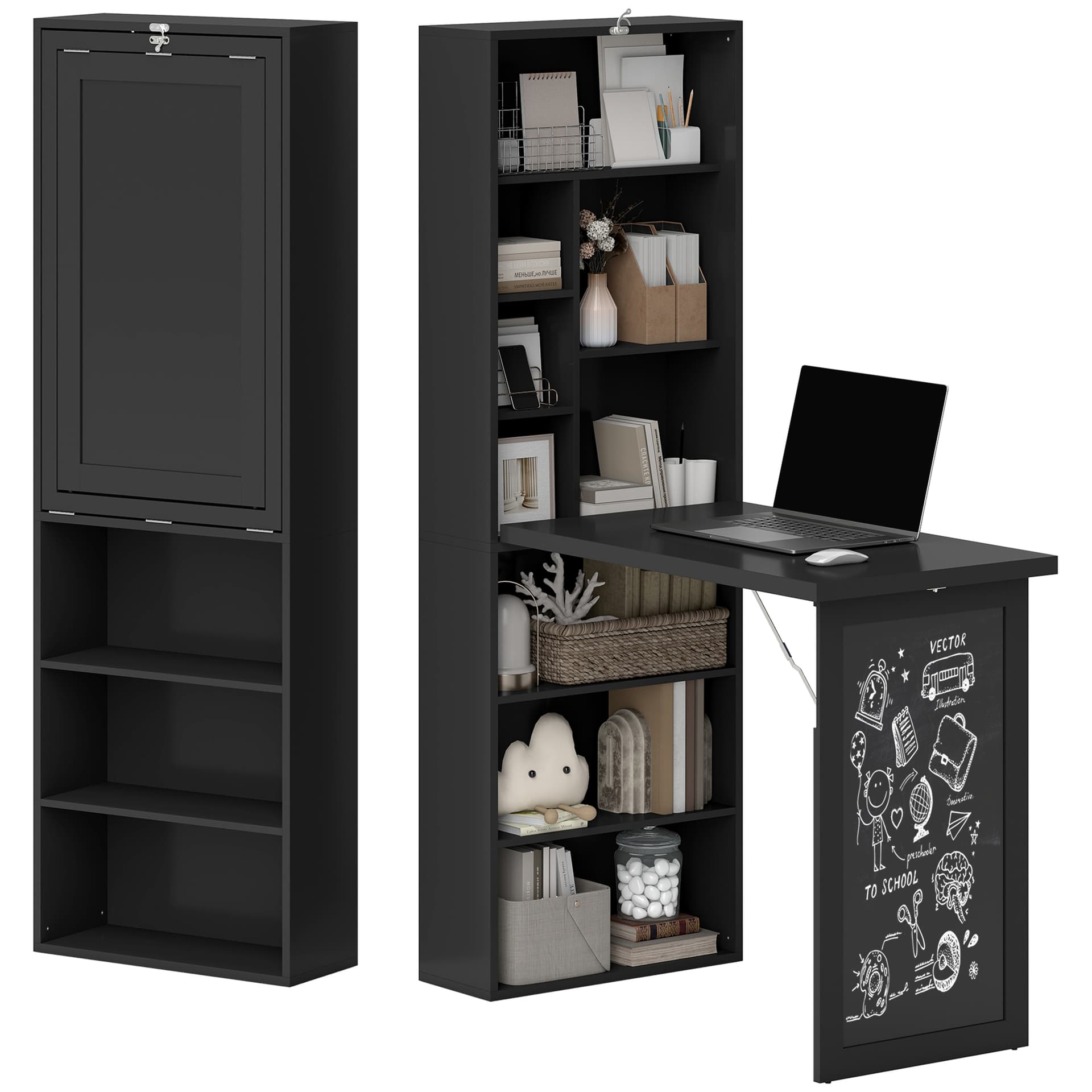 Fold-out Convertible Office Desk, Wall Mount Computer Desk with Blackboard and Side Shelf, Black - Computer Desks - Office Furniture