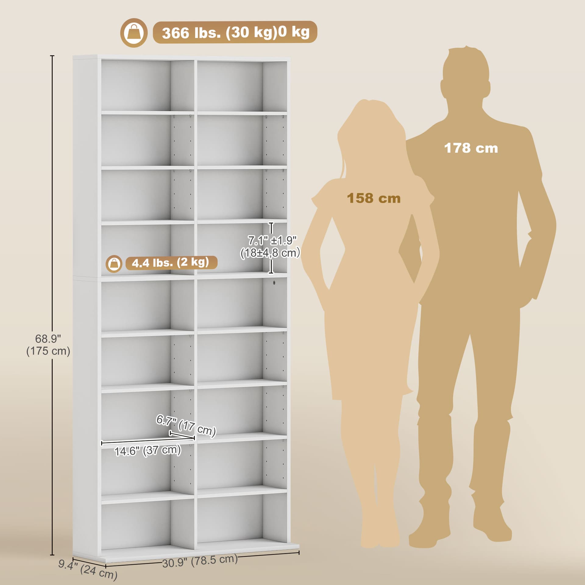 9-Tier DVD Shelf with 18 Compartments and 14 Adjustable Shelves, Holds 640 CDs, 360 DVDs or 430 Blu-rays, White