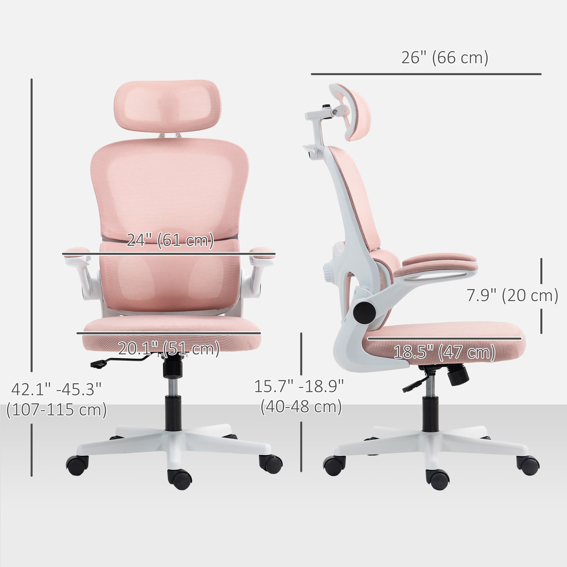 Mesh Office Chair, Ergonomic Desk Chair with Flip-up Armrest, Rotatable Headrest, Adjustable Lumbar Support, Pink