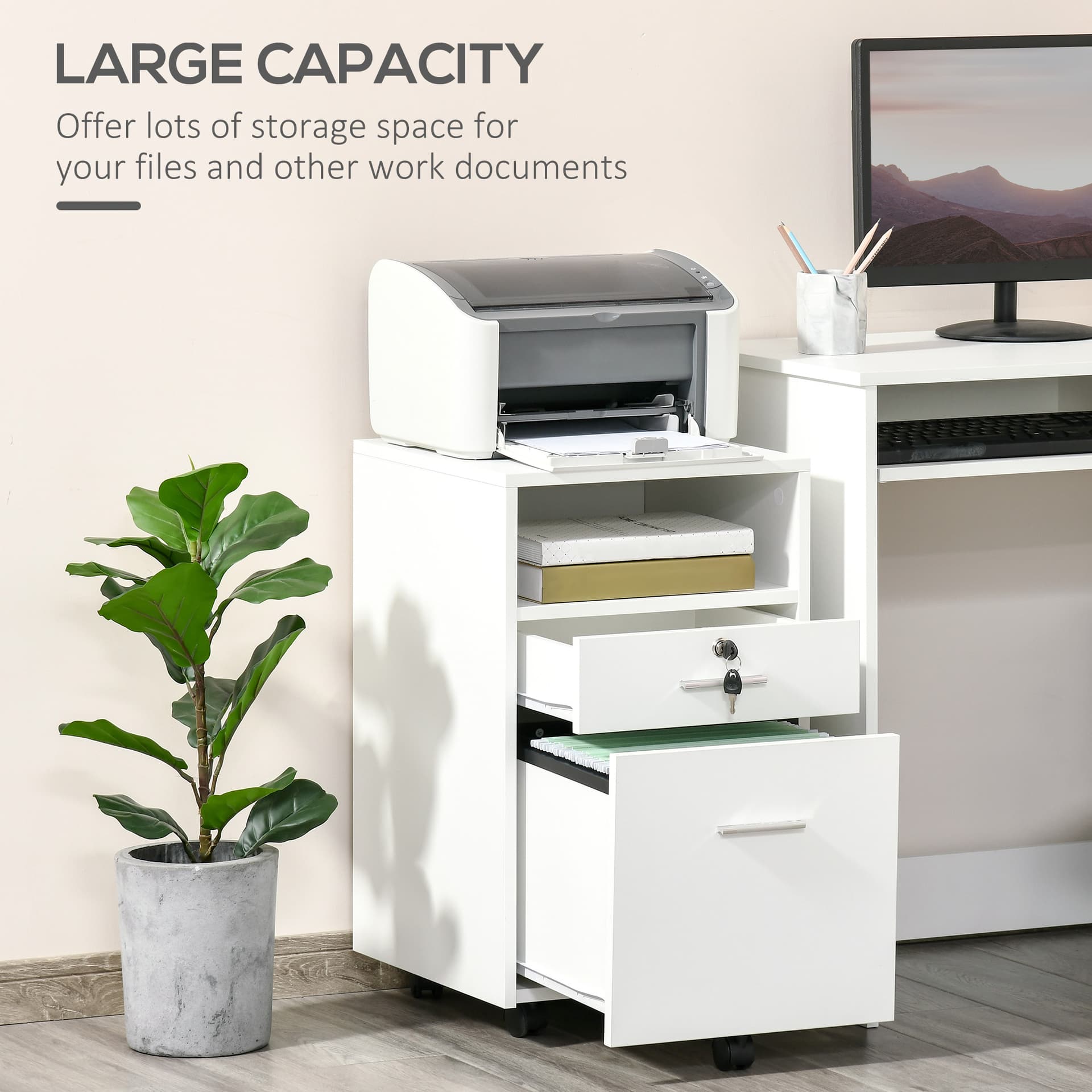 2 Drawer Filing Cabinet with Lock, Vertical File Cabinet with Wheels, Mobile Office Cabinet for A4, Letter Size, White