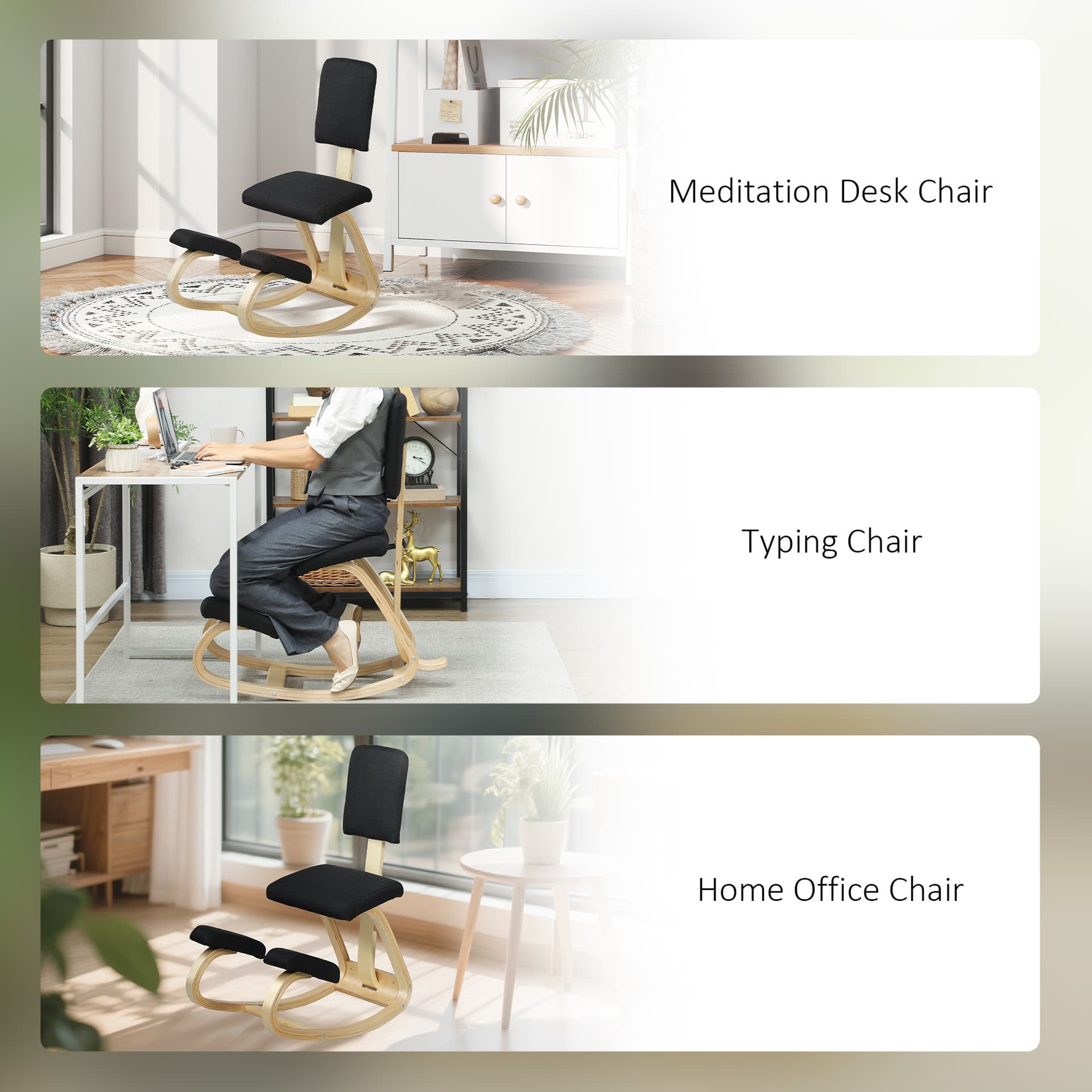 Ergonomic Kneeling Chair, Rocking Wood Kneel Stool with Backrest for Improve Posture, Back Pain, Black