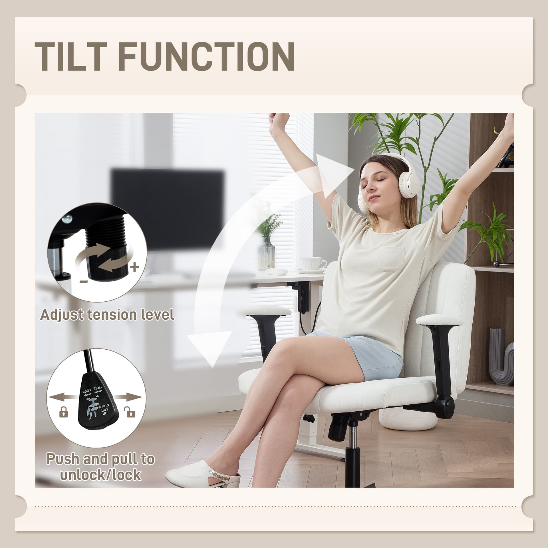 Criss Cross Chair with Flip-up Armrests, Wide Office Chair with Adjustable Height, Tilting, No Wheels, Beige