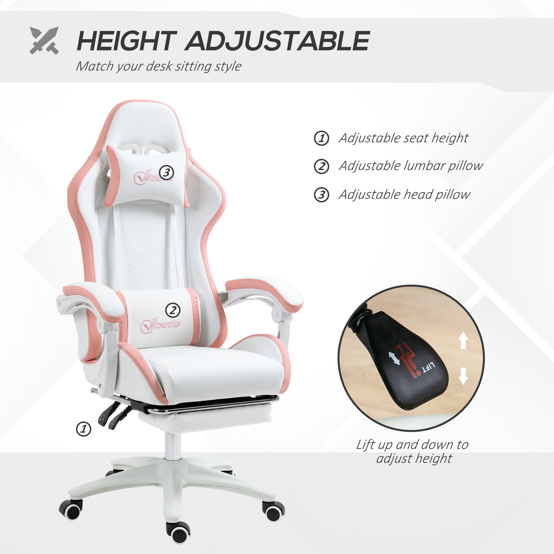 Computer Gaming Chair, PU Leather Office Desk Chair with Footrest, Swivel Wheels, 135° Reclining Back, White