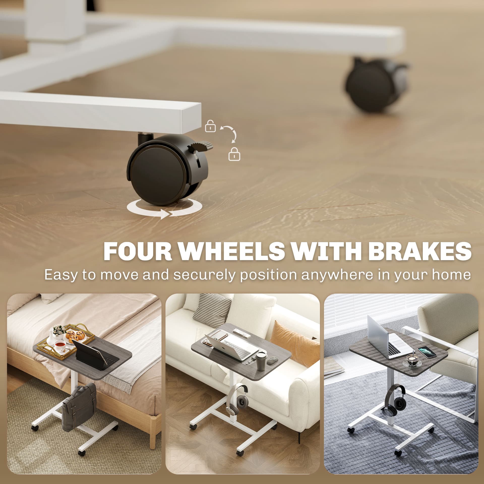 Height Adjustable Standing Desk, Pneumatic Sit Stand Desk with Wheels and Headphone Hook for Home Office, Grey