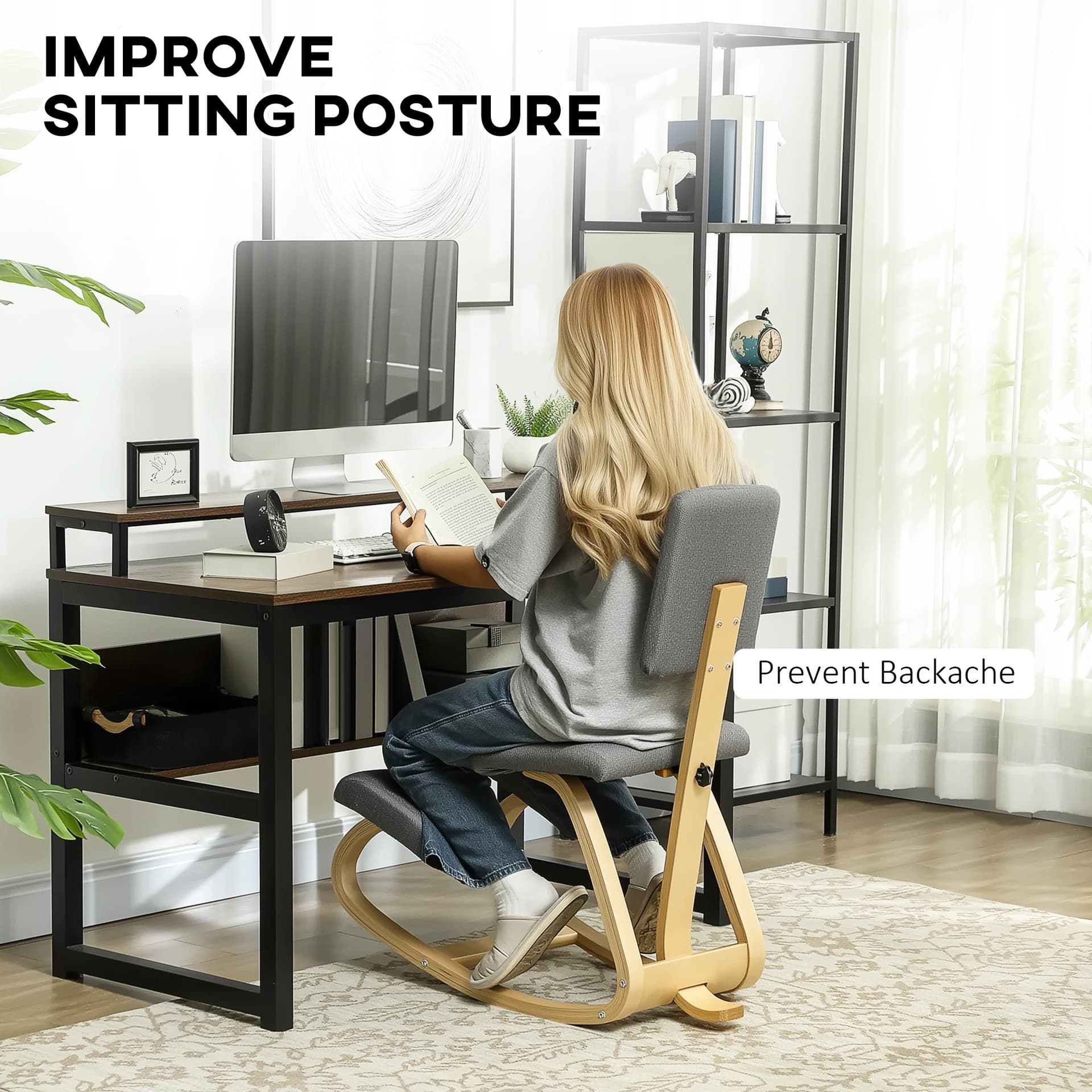 Ergonomic Kneeling Chair, Rocking Wood Kneel Stool with Backrest for Improve Posture, Back Pain, Grey