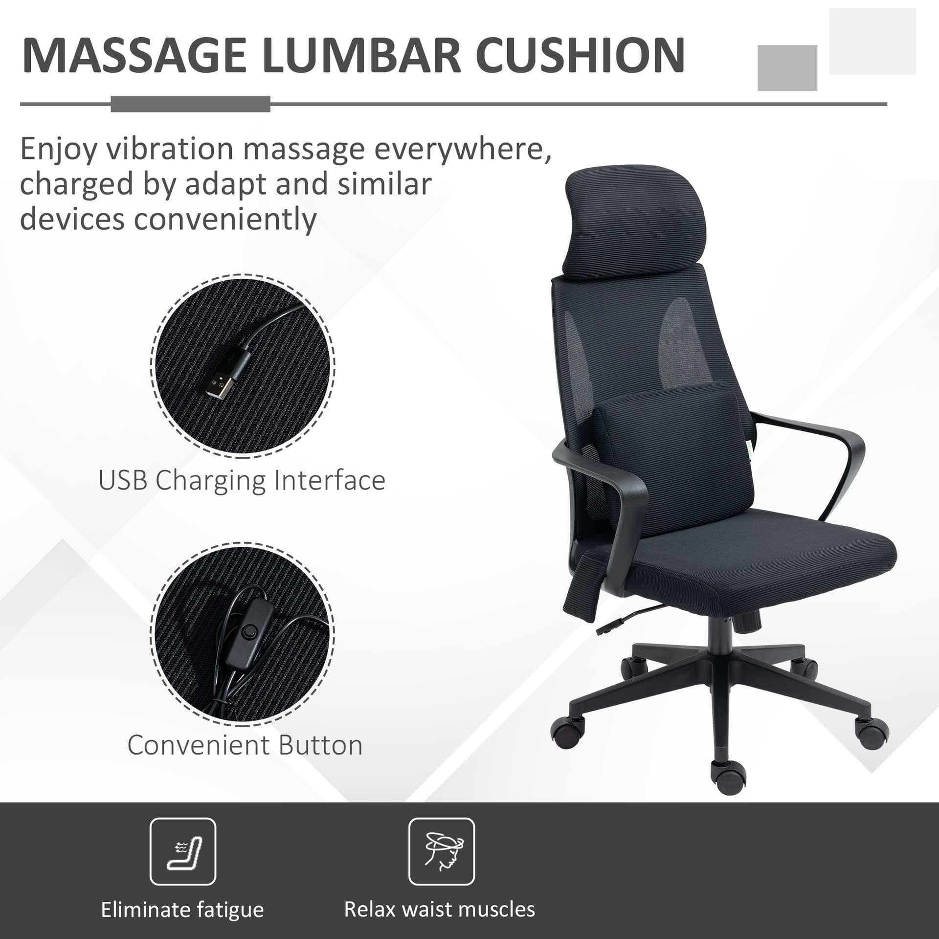 High Back Office Chair, Ergonomic Mesh Computer Chair Executive Task Chair with Massage Lumbar Support & Headrest Rocking, Black