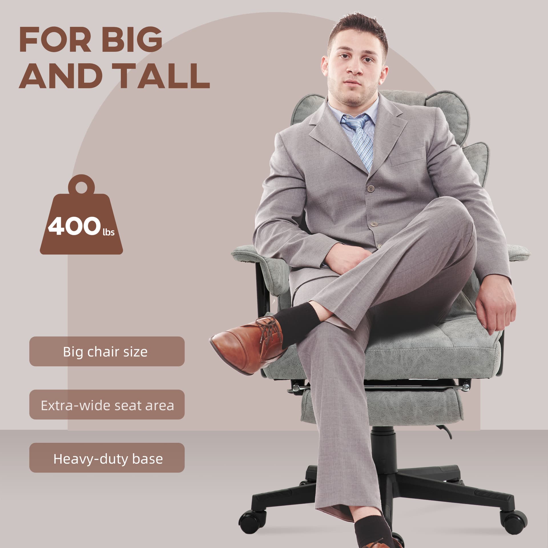 Big and Tall Office Chair with Foot Rest, 400LBS High Back Desk Chair with Padded Armrests, Lumbar Support, Grey