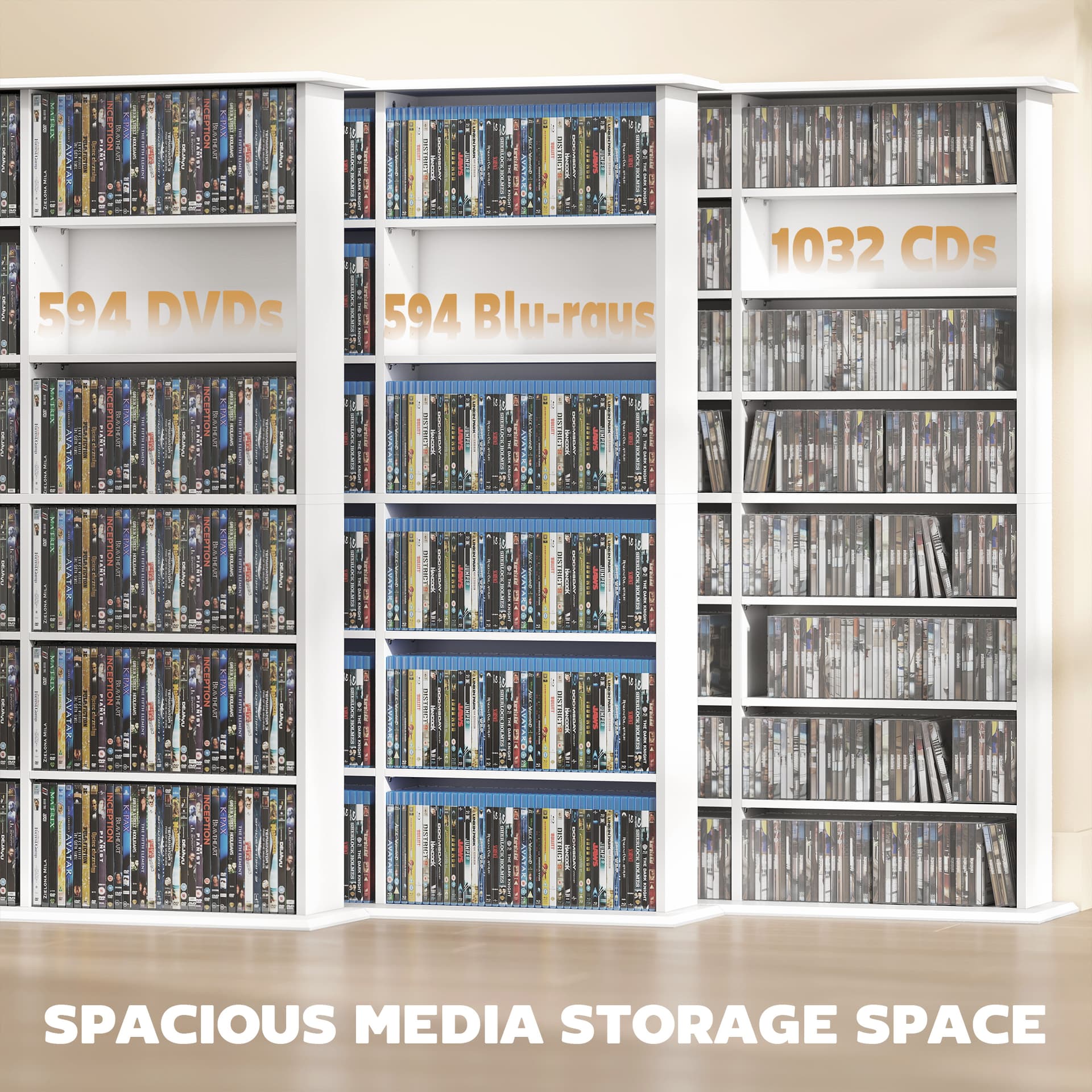 Media Storage Cabinet, 8-Tier DVD Shelf with 18 Adjustable Shelves, Holds 1032 CDs, 594 DVDs or Blu-rays, White