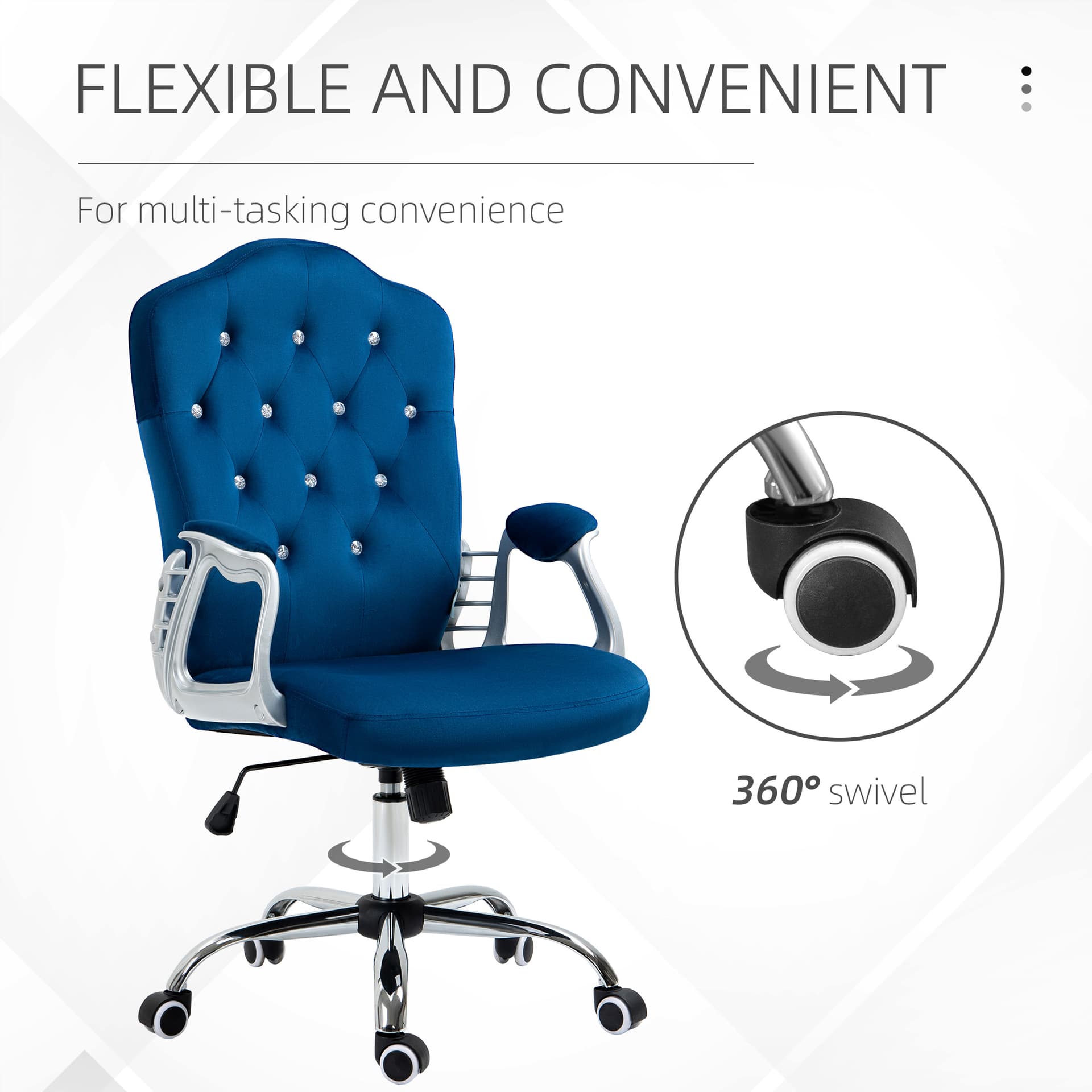 Office Chair, Velvet Computer Desk Chair with Swivel Wheels, Adjustable Height, Tilt Function, Button Tufted, Blue