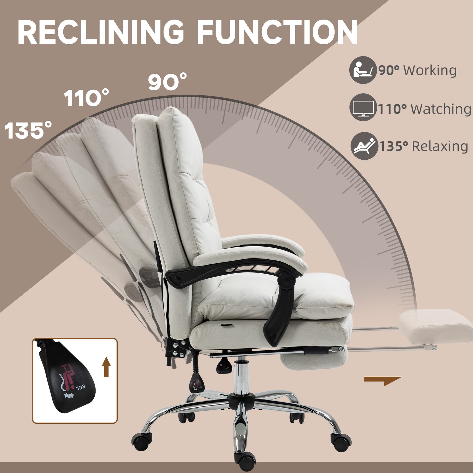 Executive Office Chair with 6-Point Massag, Microfibre Reclining Computer Chair with Footrest, Cream White