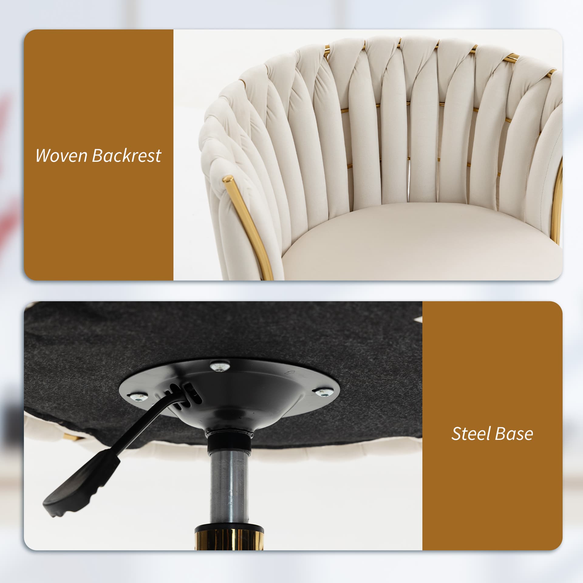 Office Chair, Vanity Chair with Woven Back, Adjustable Height, Rolling Wheels, Cream White