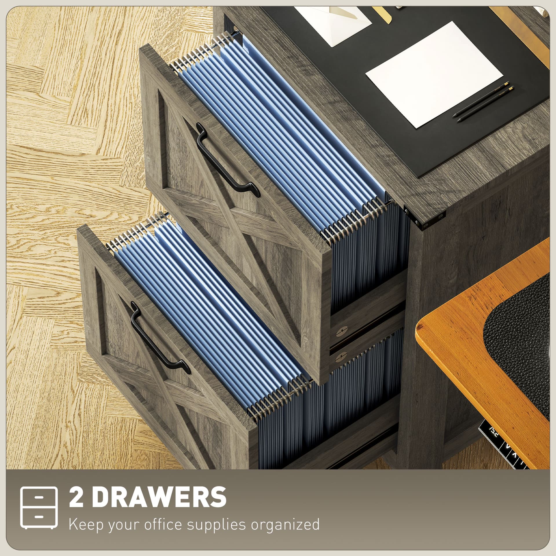 Vertical Filing Cabinet with 2 Drawers, Rustic Farmhouse Office Storage Cabinet for A4, Letter Size, Grey Wash