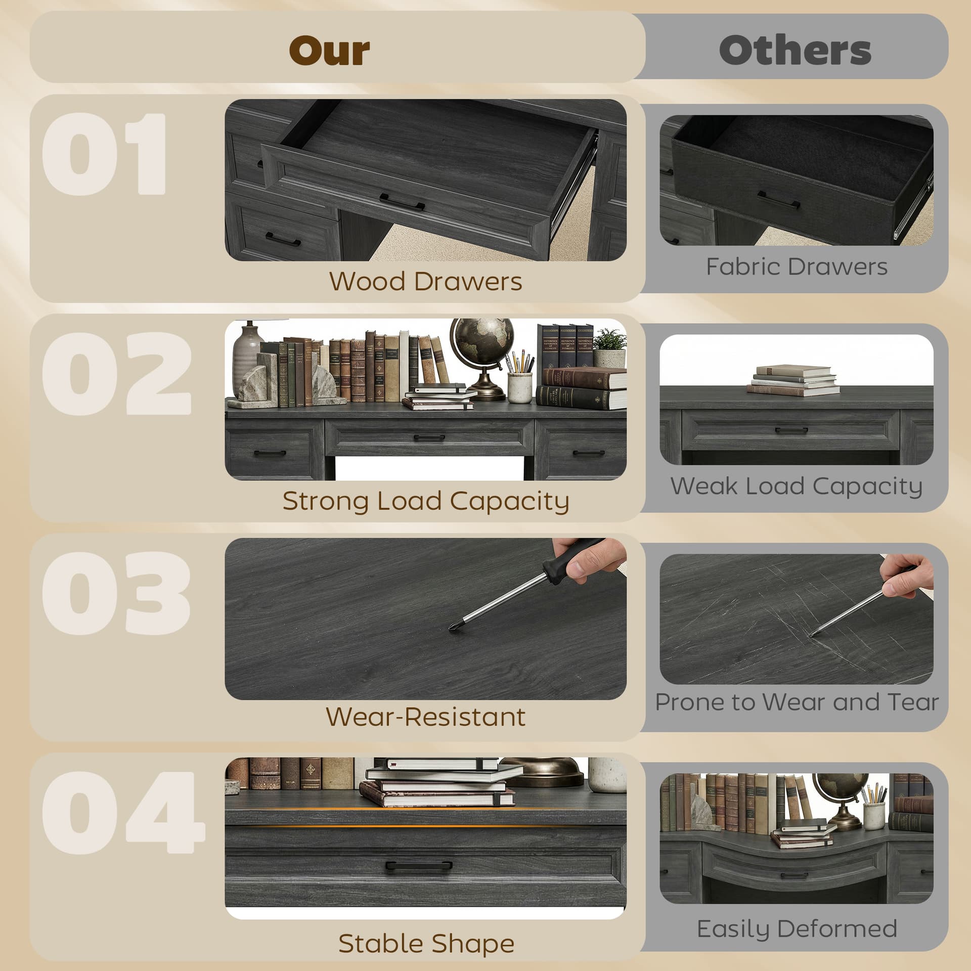 55" Computer Desk with 7 Drawers, Farmhouse Executive Desk for Home Office, Study, Bedroom, Black Wood Grain