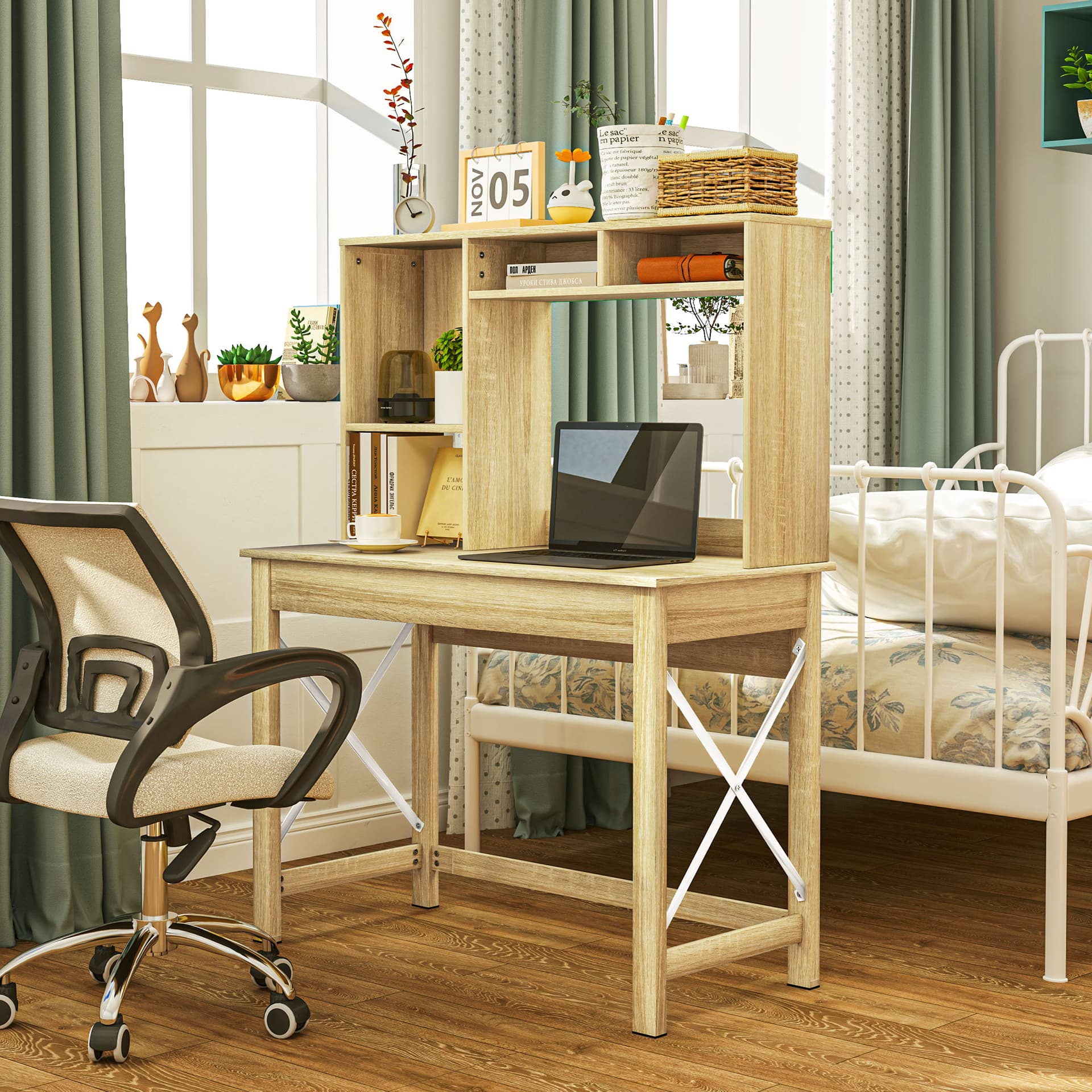 Computer Desk with Hutch, Home Office Table with Storage Shelves and Open Compartments for Writing, Work, Oak