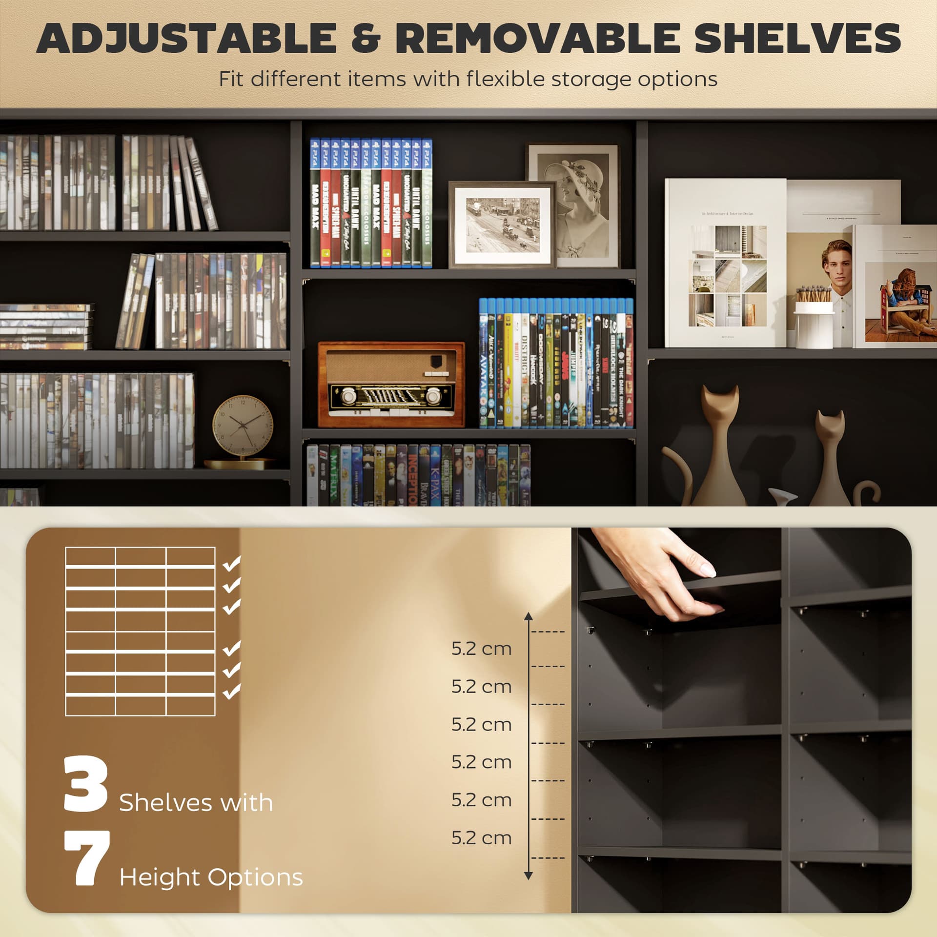 Media Storage Cabinet, 8-Tier DVD Shelf with 18 Adjustable Shelves, Holds 1032 CDs, 594 DVDs or Blu-rays, Black