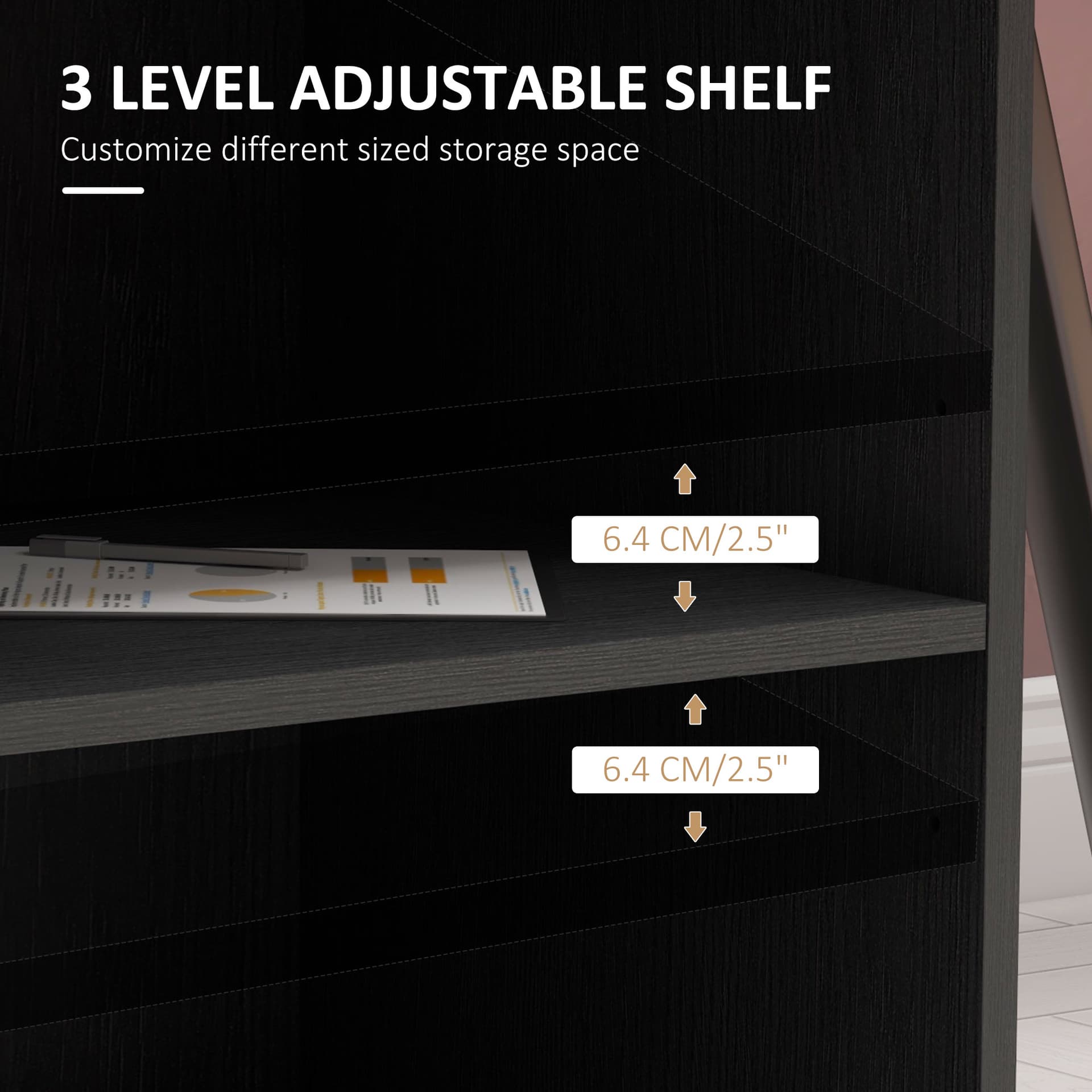 Modern Lateral Filing Cabinet, 3 Drawer File Cabinet for Letter and A4 Size Documents, Mobile, Printer Stand with Open Shelves, Rolling Wheels, Black