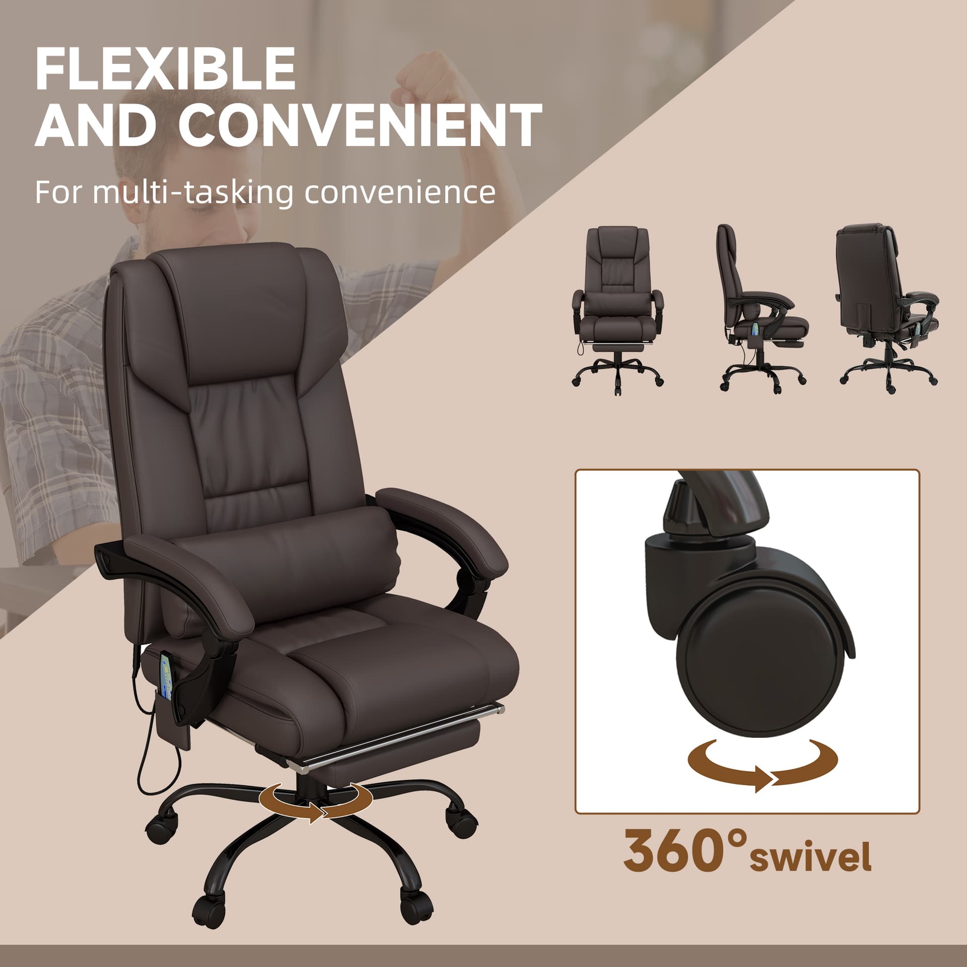 6-Point Vibration Massage Chair, Height Adjustable Reclining Computer Chair with Retractable Footrest, Brown