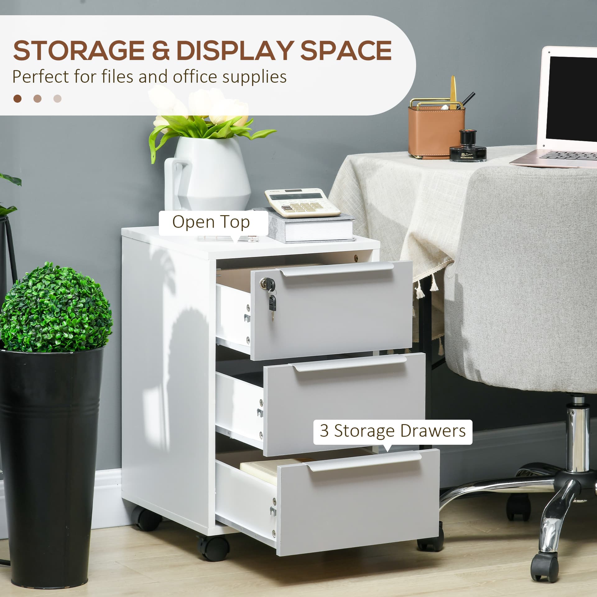 3 Drawer File Cabinet with Wheels, Vertical Filing Cabinet with Lock, Grey