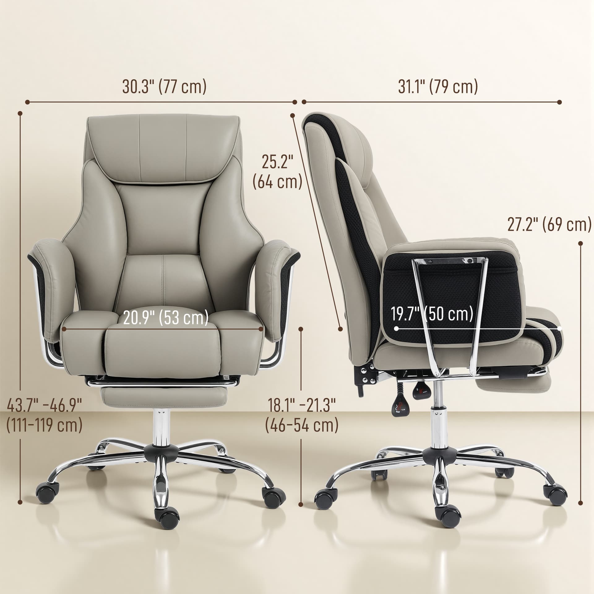 Reclining Office Chair, Overstuffed Executive Desk Chair with High Back, PU Leather, Footrest, Swivel Wheels, Grey
