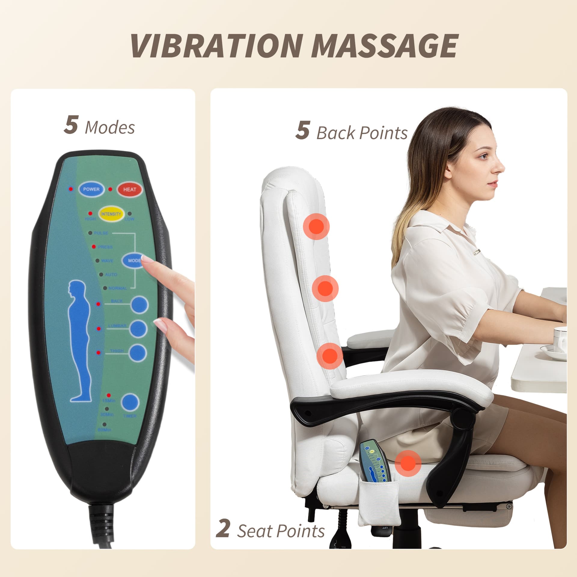 7-Point Vibrating Massage Chair, Reclining Office Chair with Footrest, Reclining Back, Adjustable Height, White
