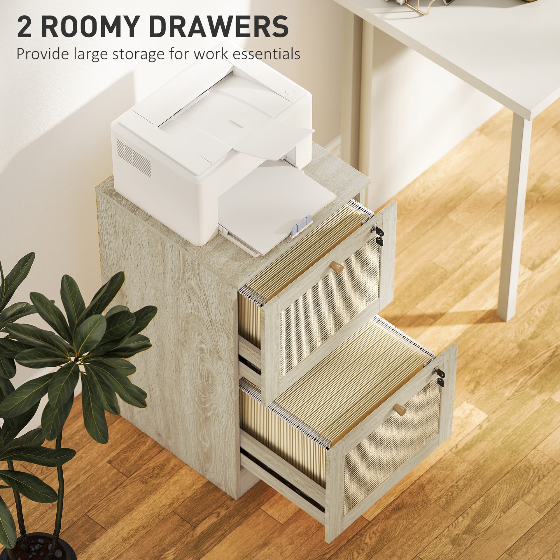 2 Drawer Filing Cabinet with Lock, Boho File Cabinet for A4 Letter Size Files with Decorative Rattan Accents, Oak - Office Cabinets & Cupboards - Office Furniture